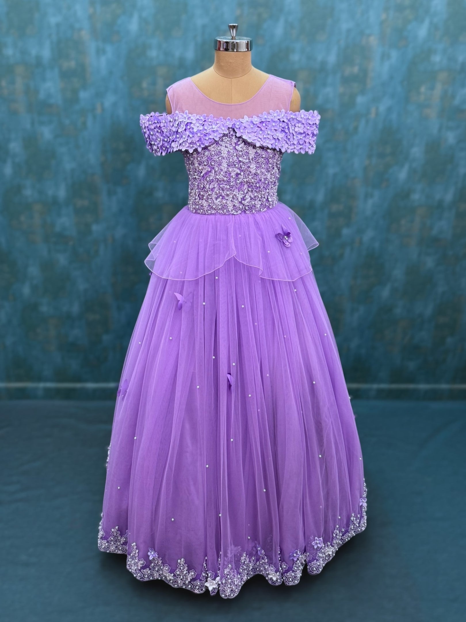 Lilac floral lace and butterfly gown