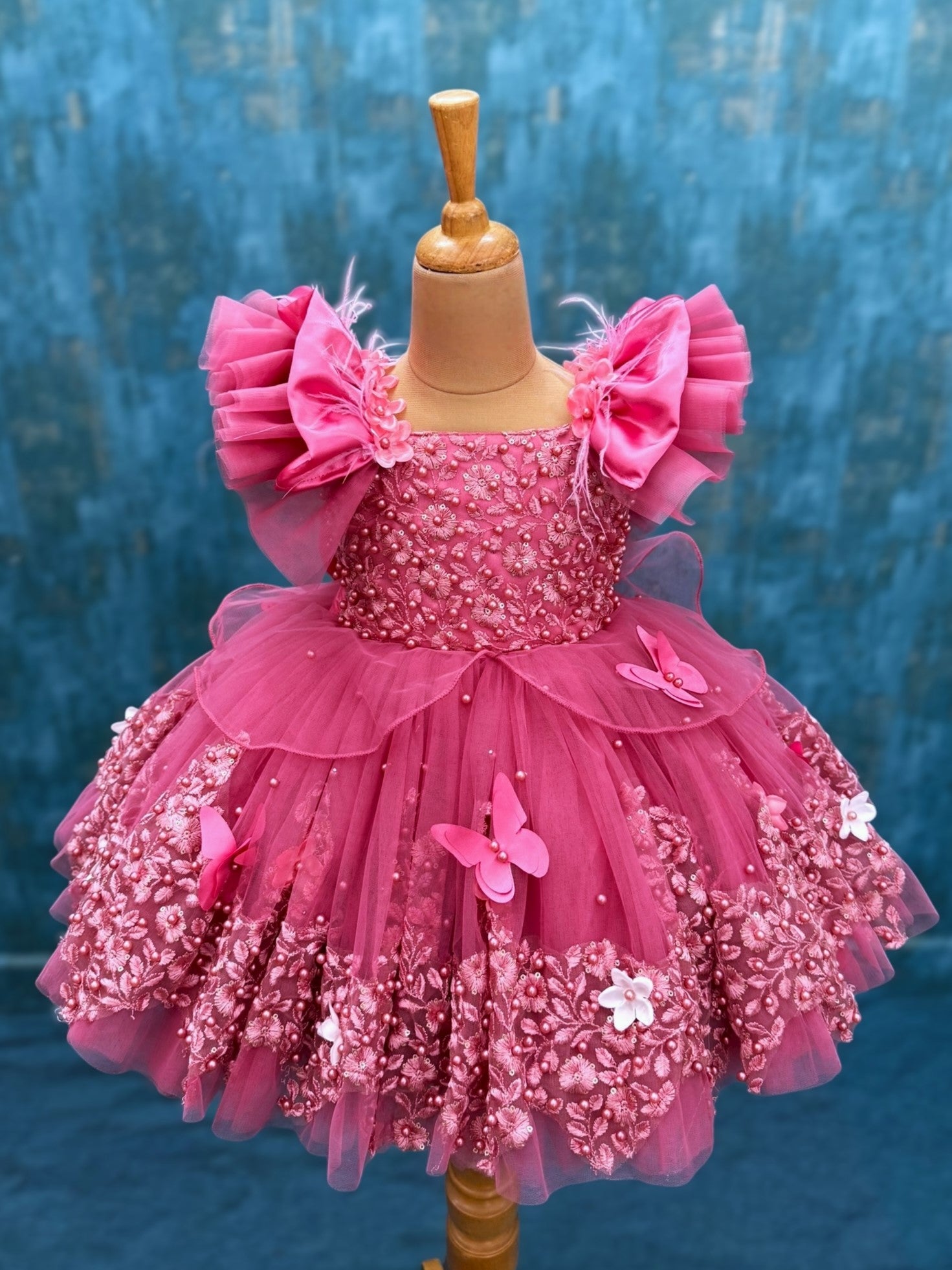 dusty rose pink lace and pearl gown