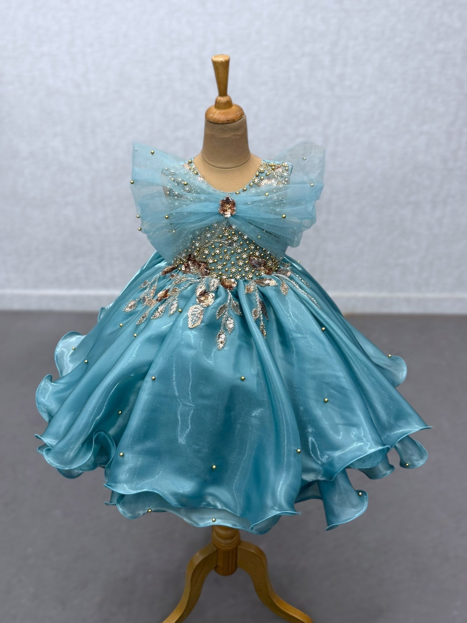 ocean blue Organza Layered Gown with Gold work