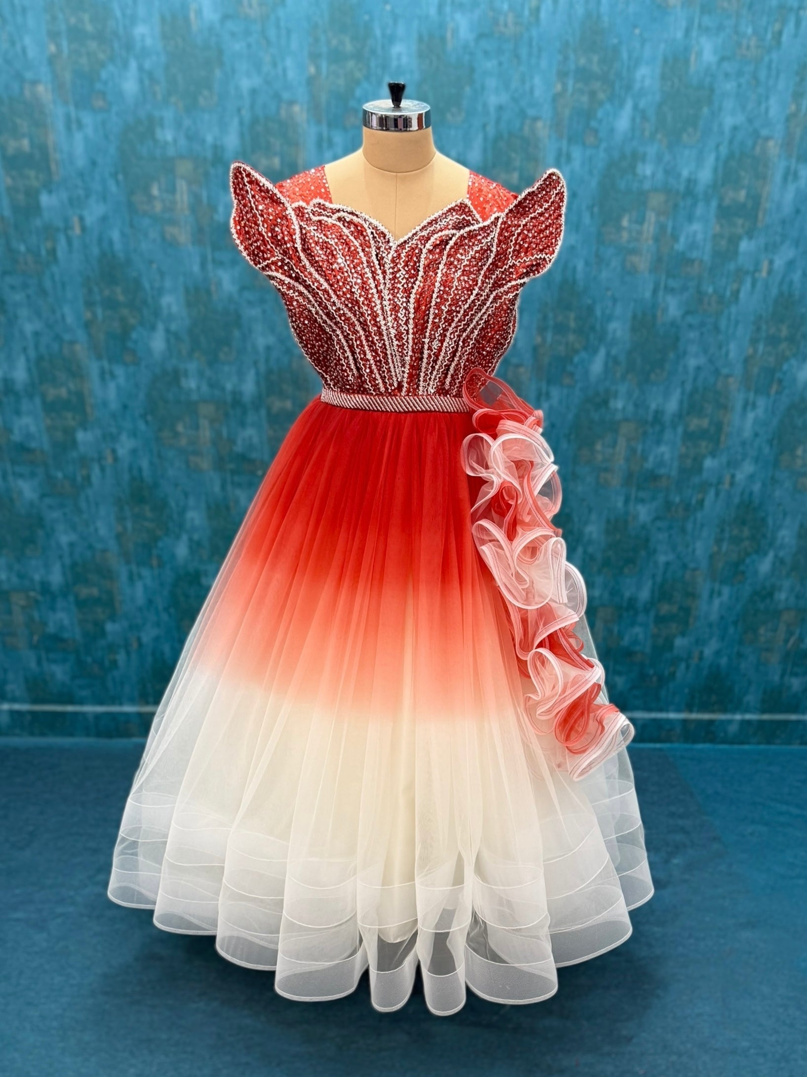 Flame Petal Cascade Gown