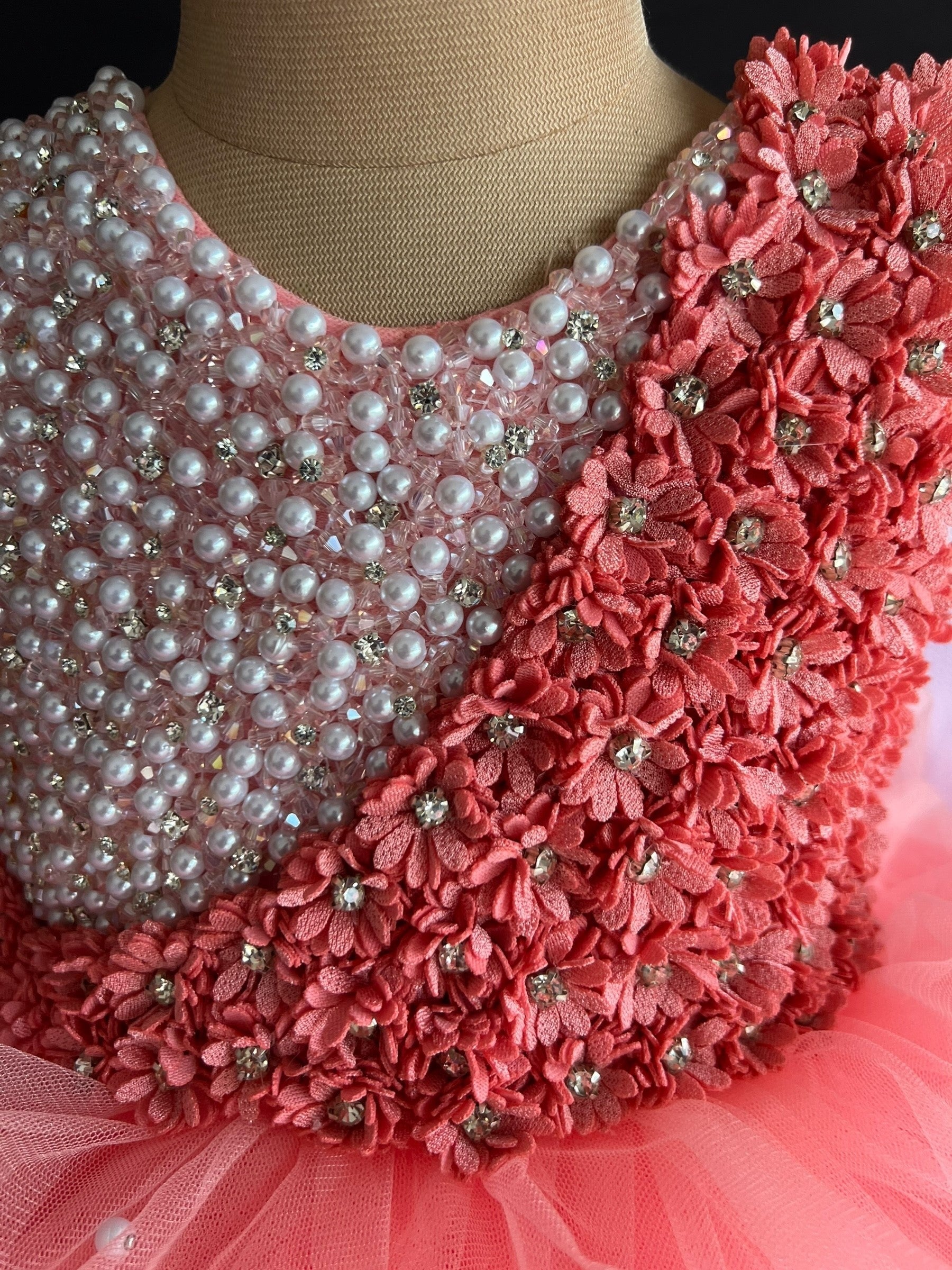 Coral Ombre Layer Ball gown With Intricate Pearl and Crystal Handwork