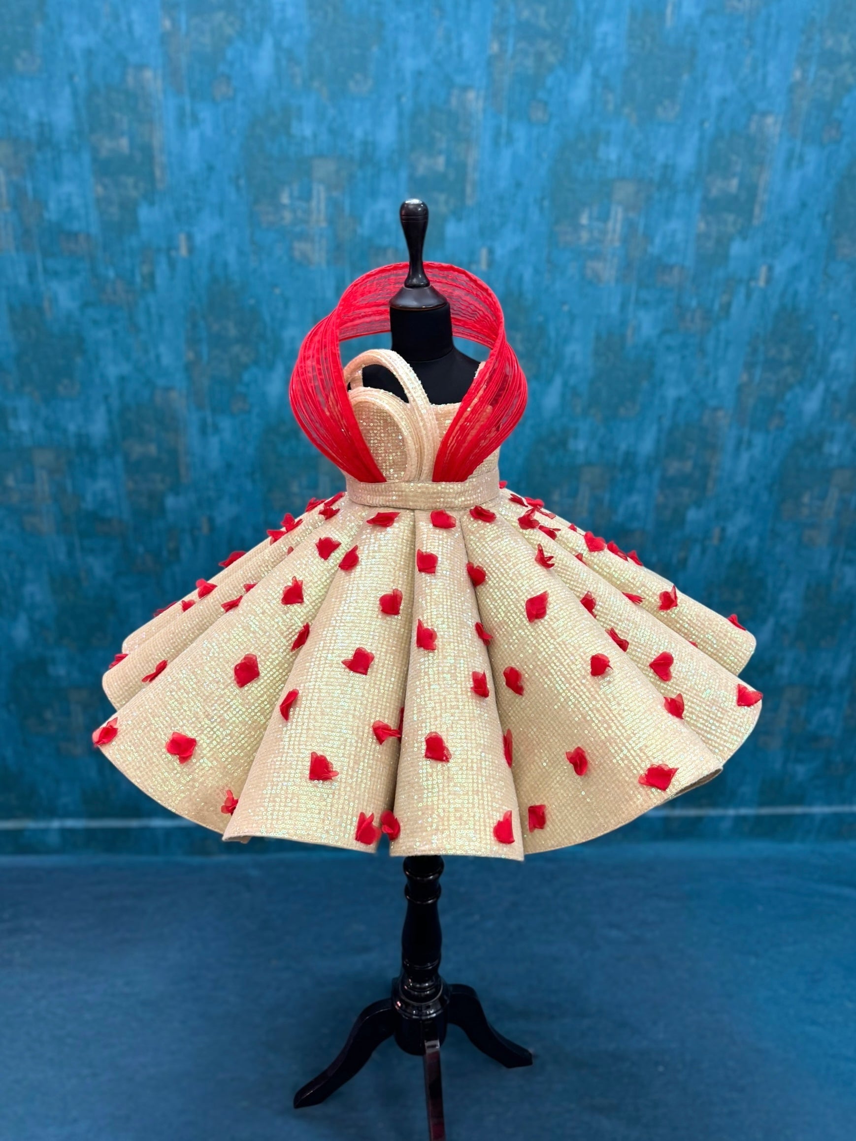 Royal Crimson Rose Petal Champagne Princess Party Gown