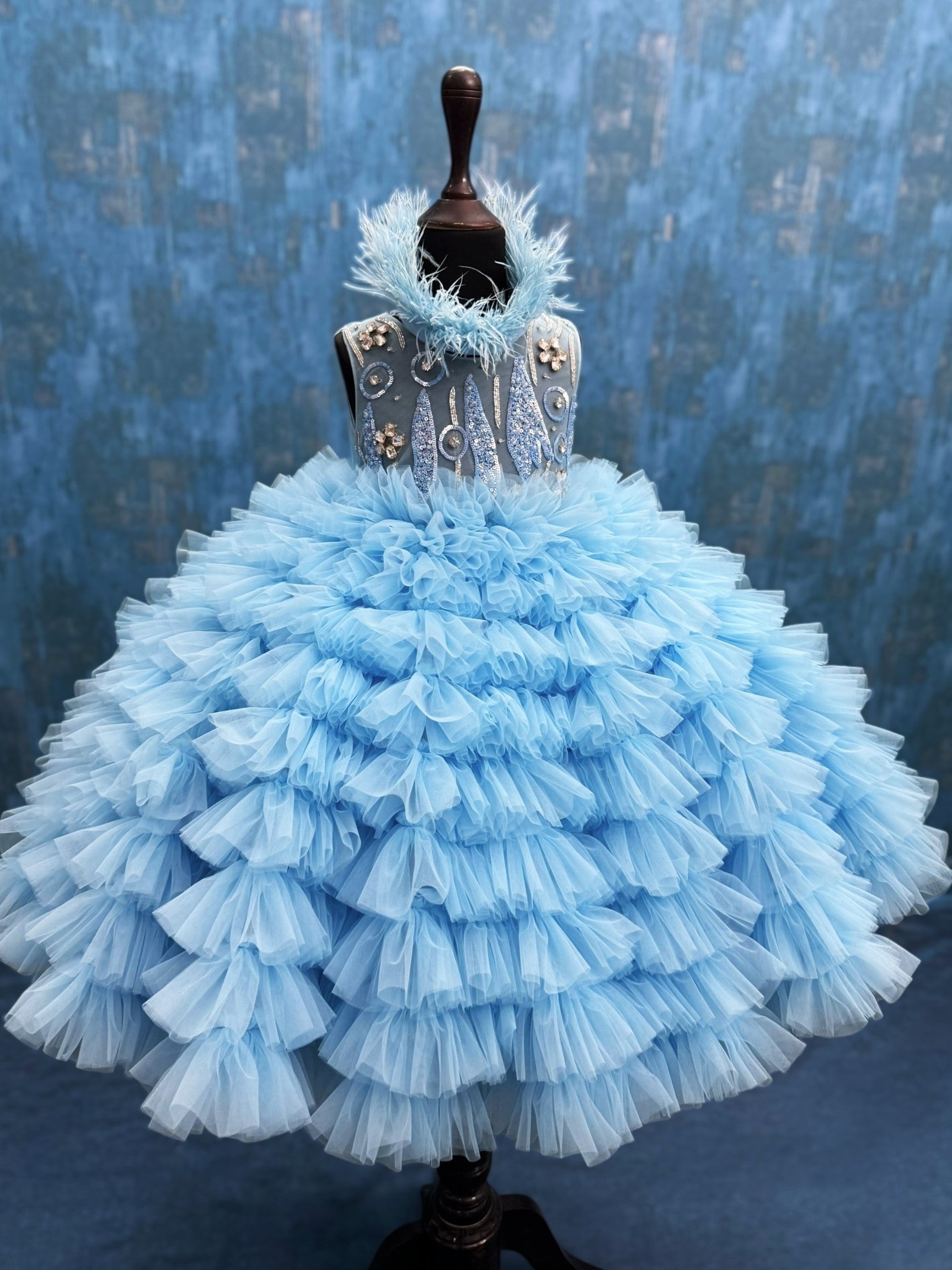 Ice Blue Frost Feather Royale Princess Ball Gown