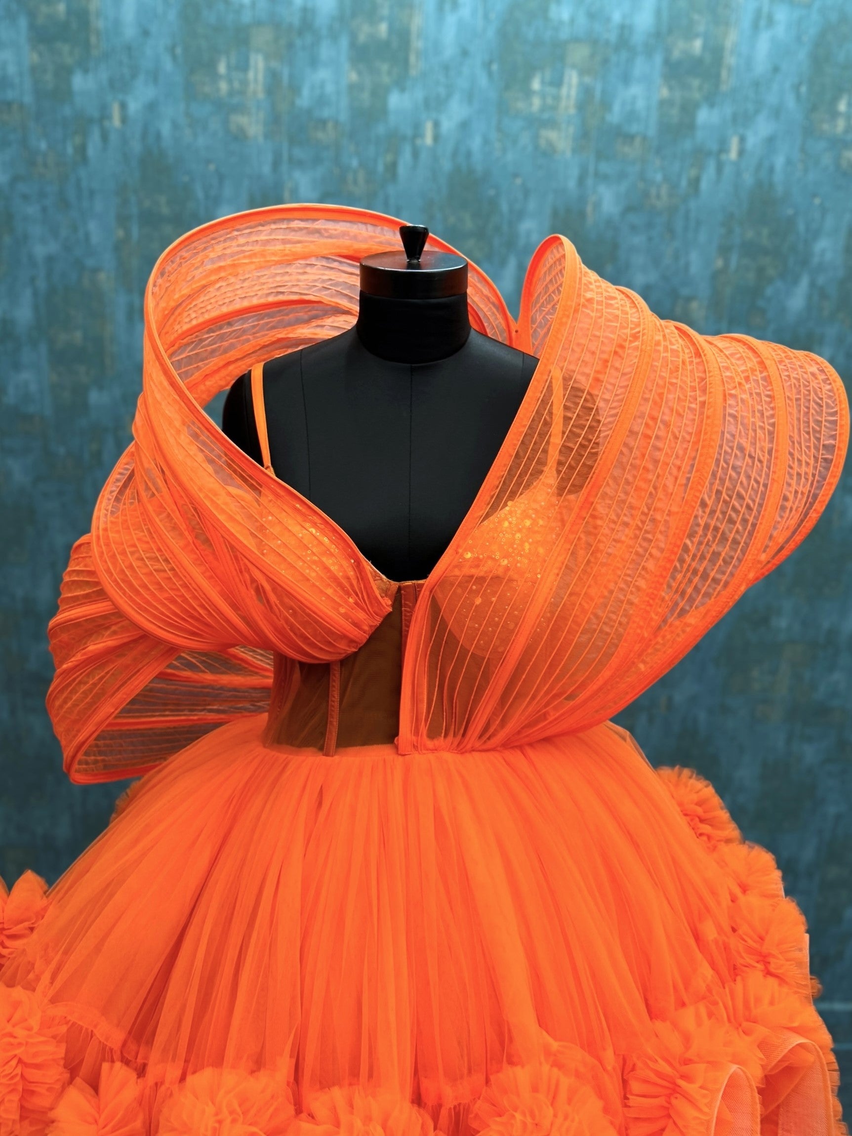 Orange Structured Ruffle Corset Gown
