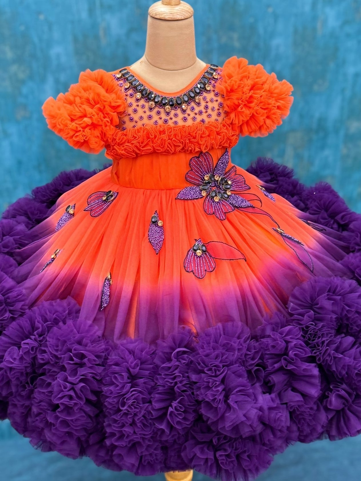 Orange- Purple shaded couture gown with hand crafted flowers