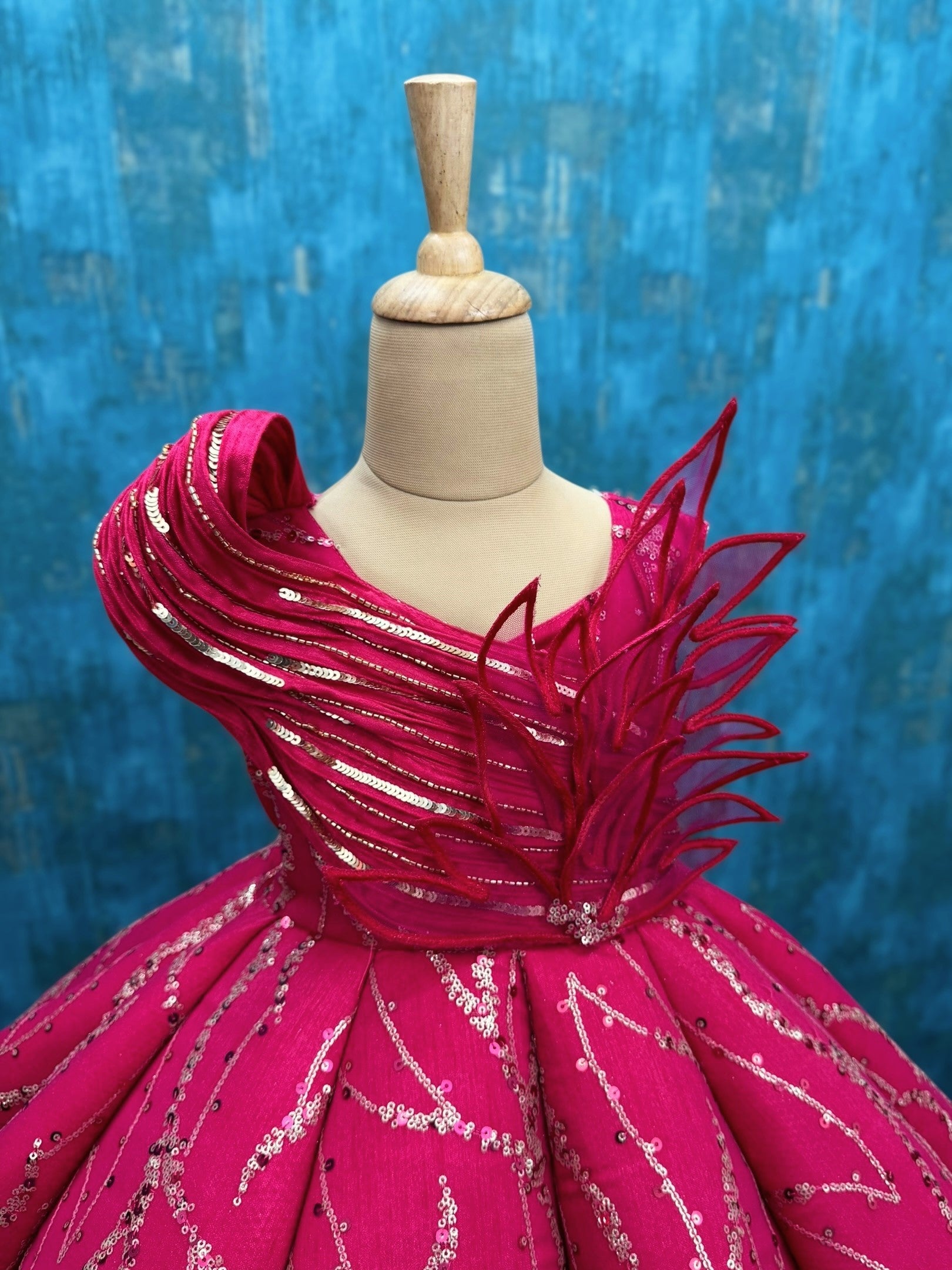 Pink Structured Panel Ball Gown with Embossing Bows and Hand Embroidered Petals