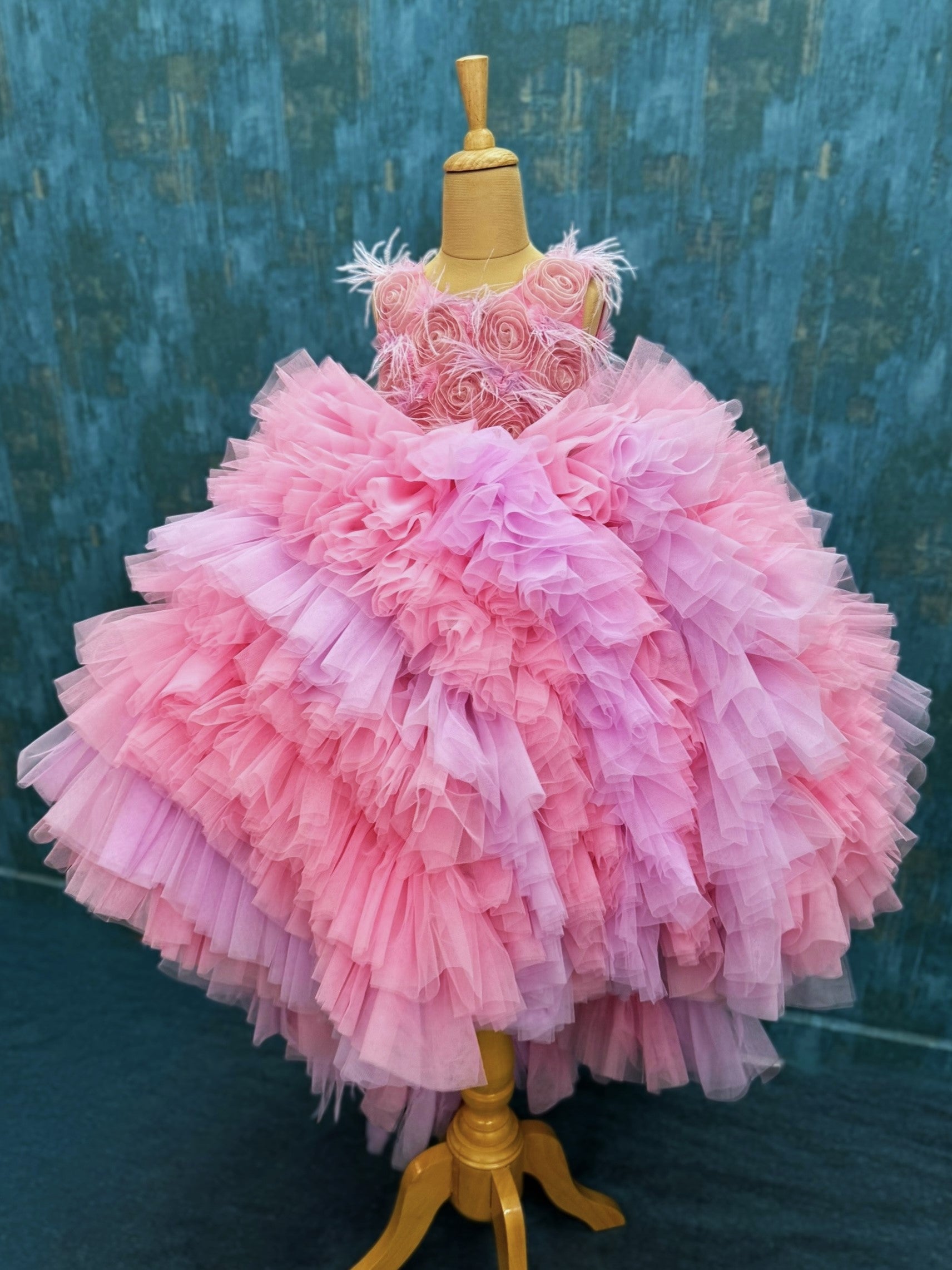 Blush Rose Pink ruffle floral ball gown with attached trail