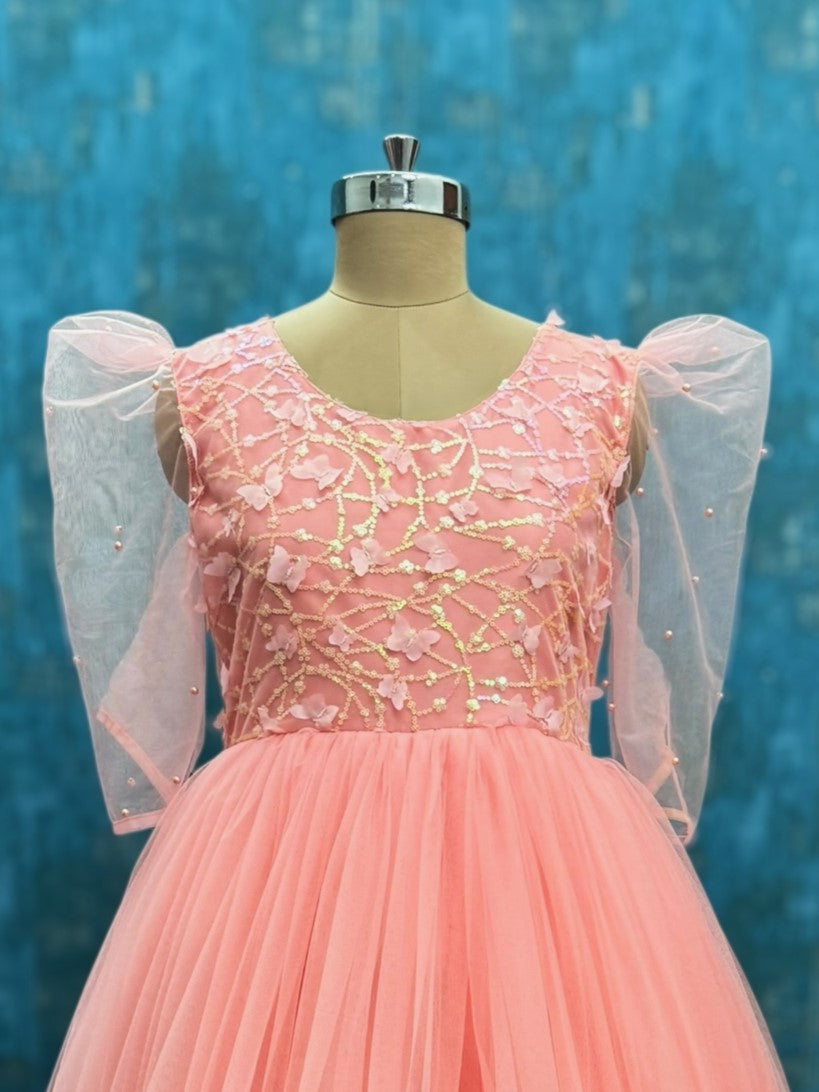 Peach Blossom Waterfall High-Low Floral Couture Dress