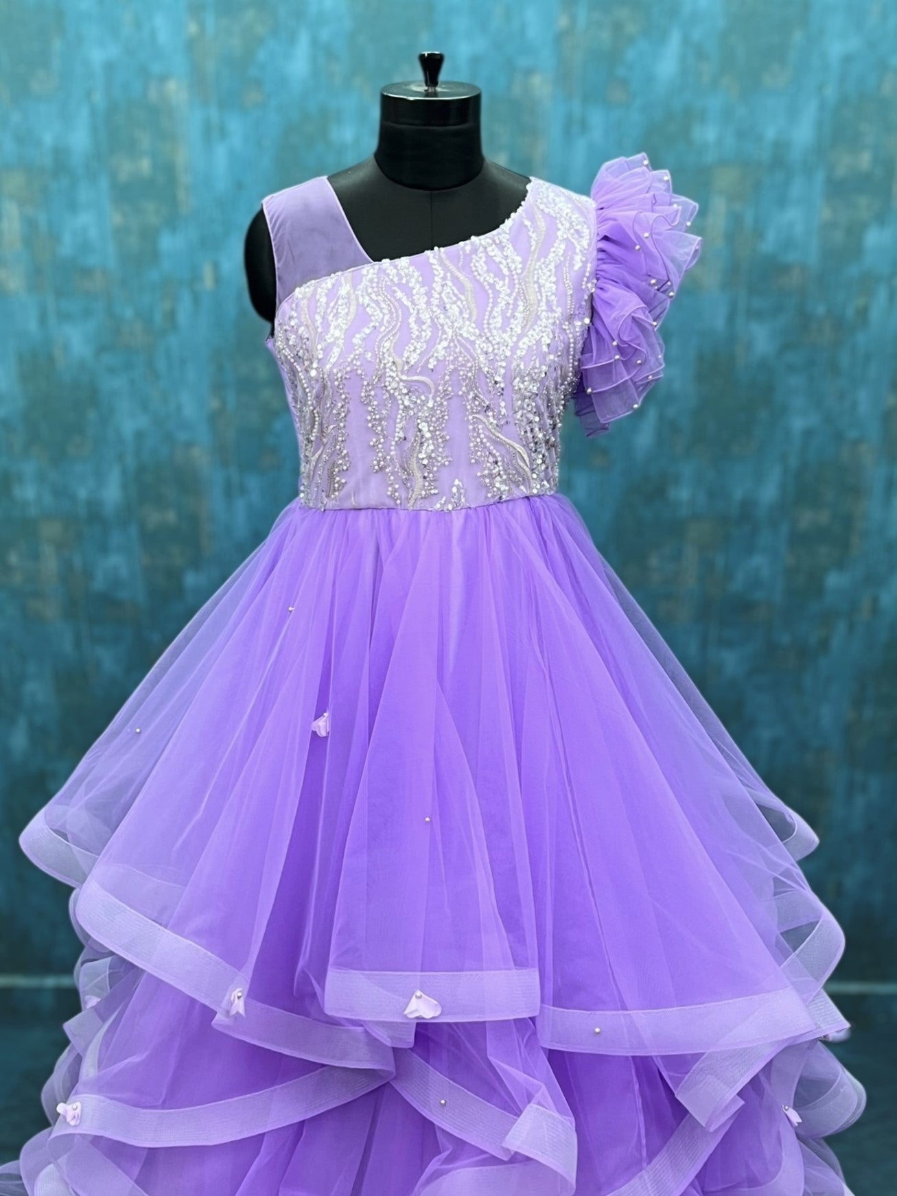 Lavender Seraphina Dream One-Shoulder Beaded Bodice Layered Couture Gown