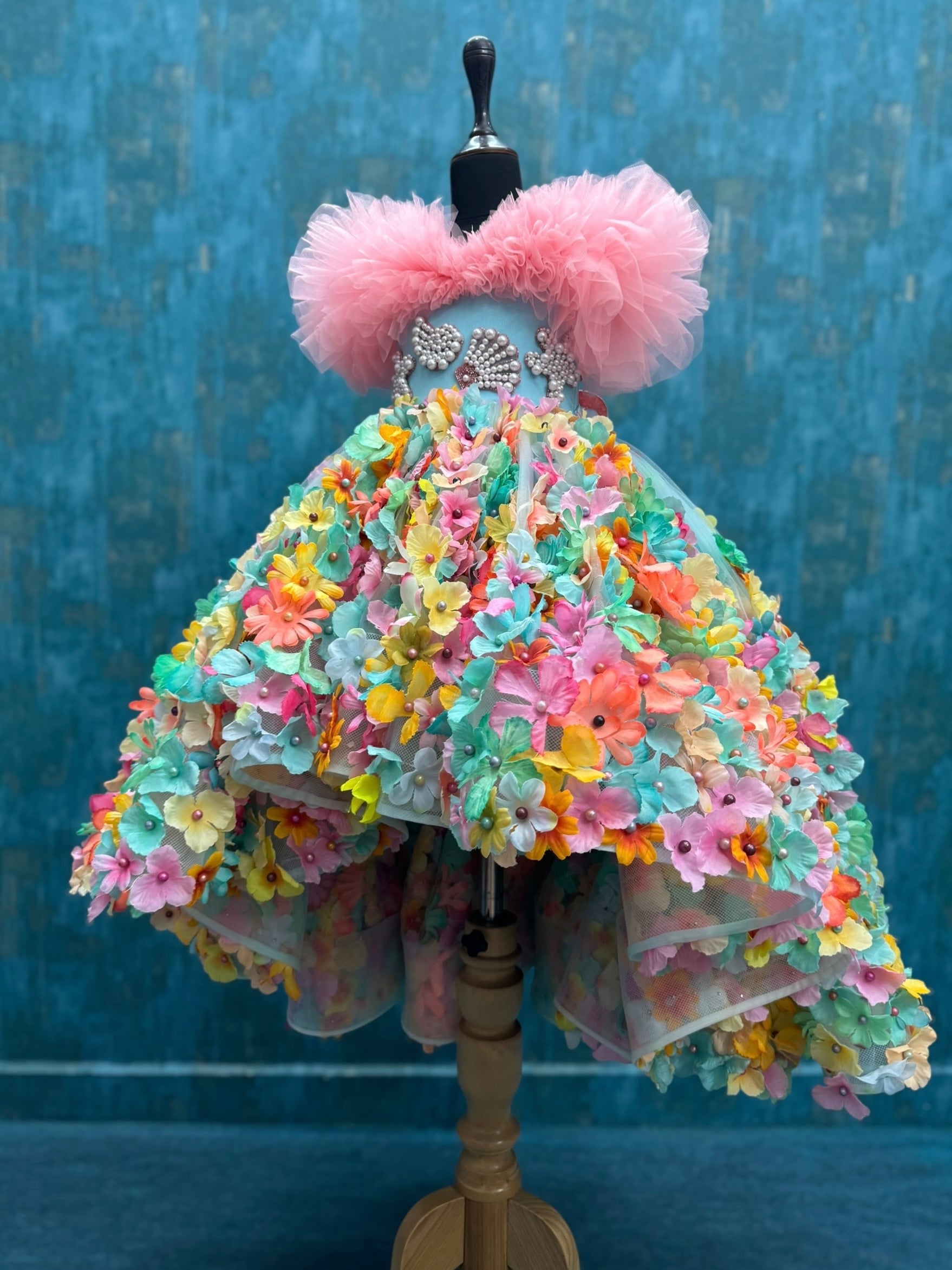 Multi Colour Floral High Low Gown with Pink Ruffle Top And Turquoise Body