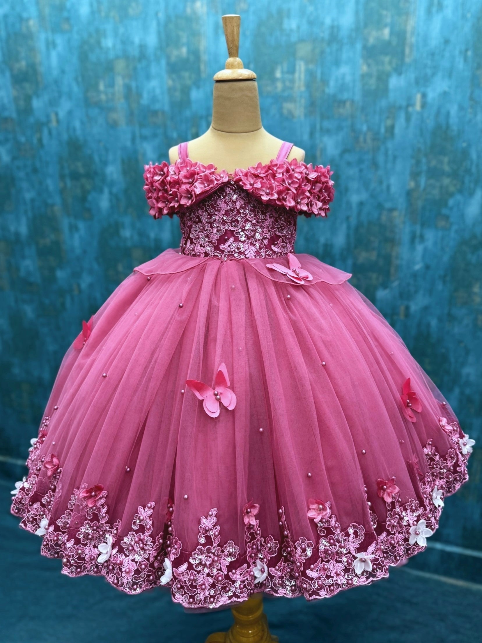 Dusty Rose Pink Lace And Pearl Ball Gown