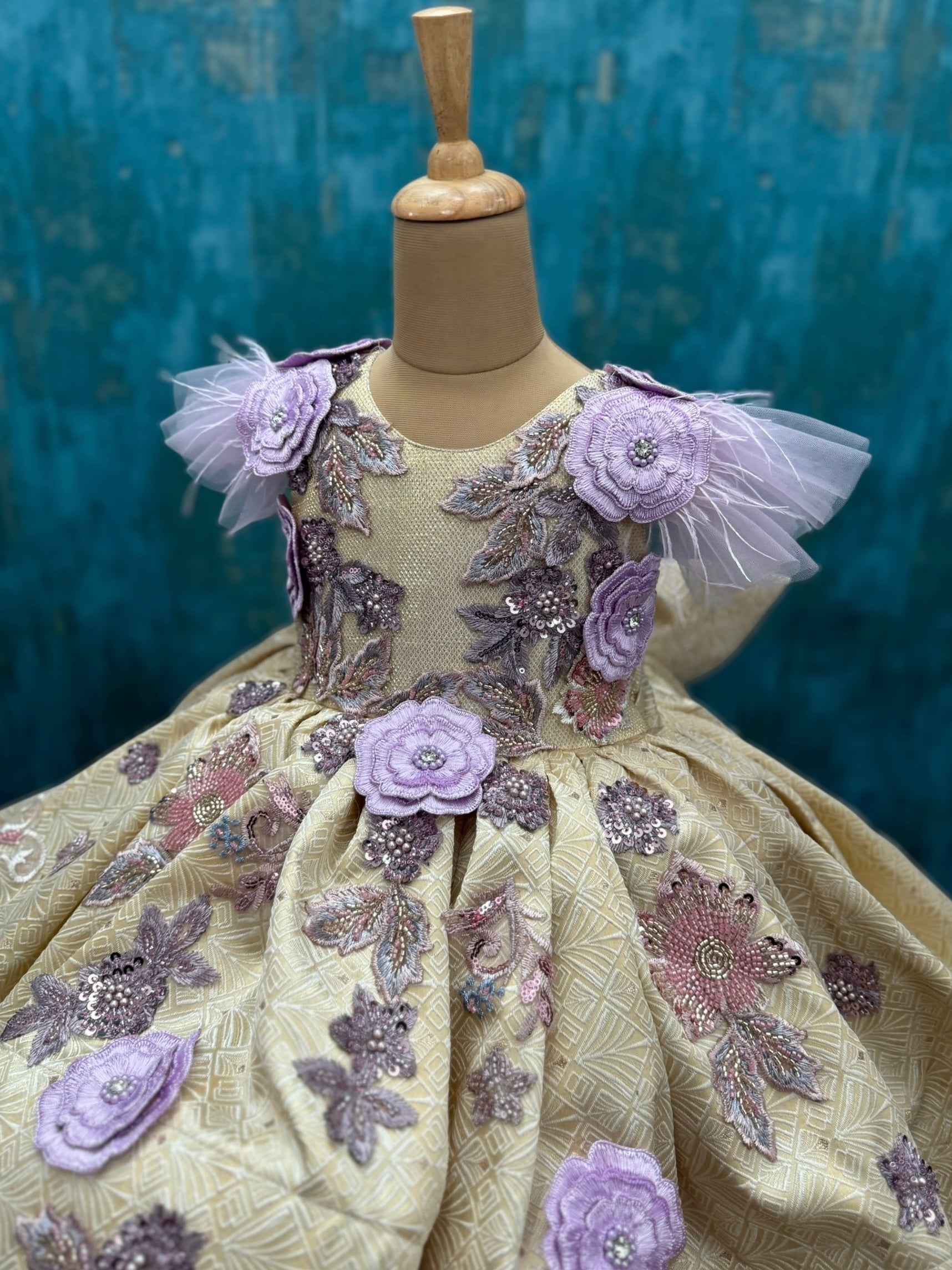 Designer Gown for Girl Online, Lavender & Gold Floral Couture Ball Gown