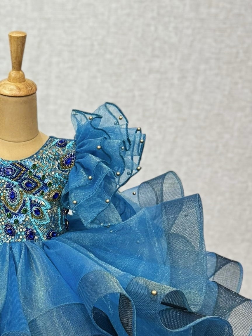 Teal Sapphire Ruffle Dream Couture Gown With Hand Embroidered Bodice
