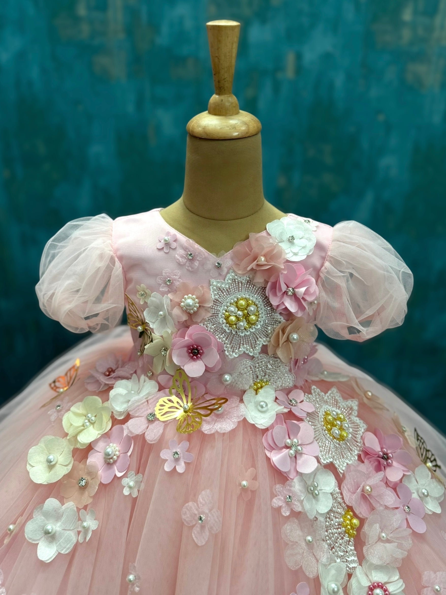 Rose Mist Pink floral and butterfly ball gown with intricate work