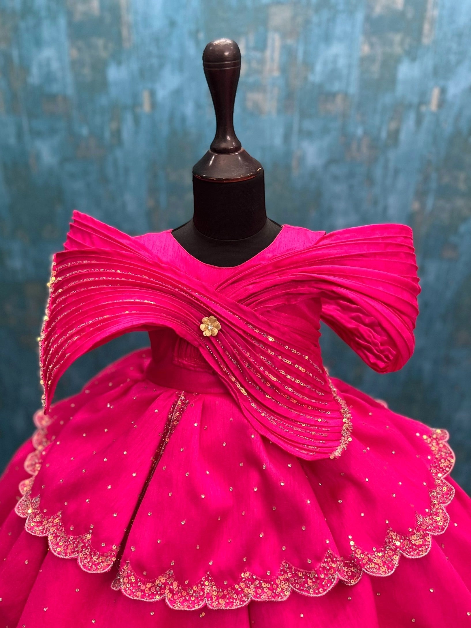 Designer Gown for Girl Online, Hot Pink Tiered Ruffle Gown