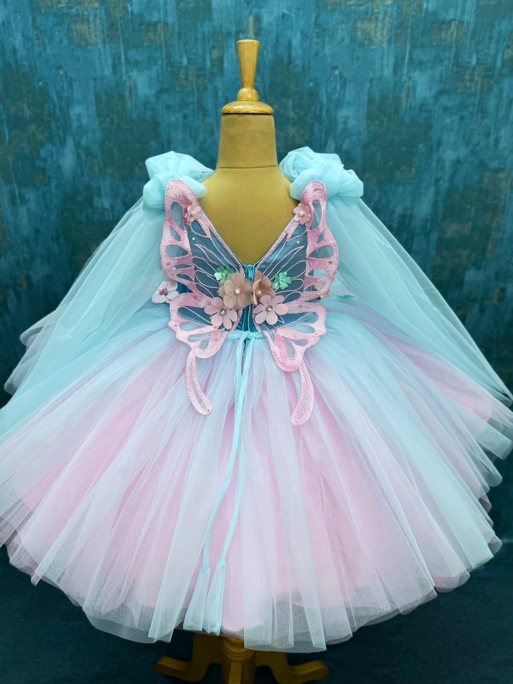 Soft Sky Petal fall Butterfly Fantasy Floral Couture Celebration Dress