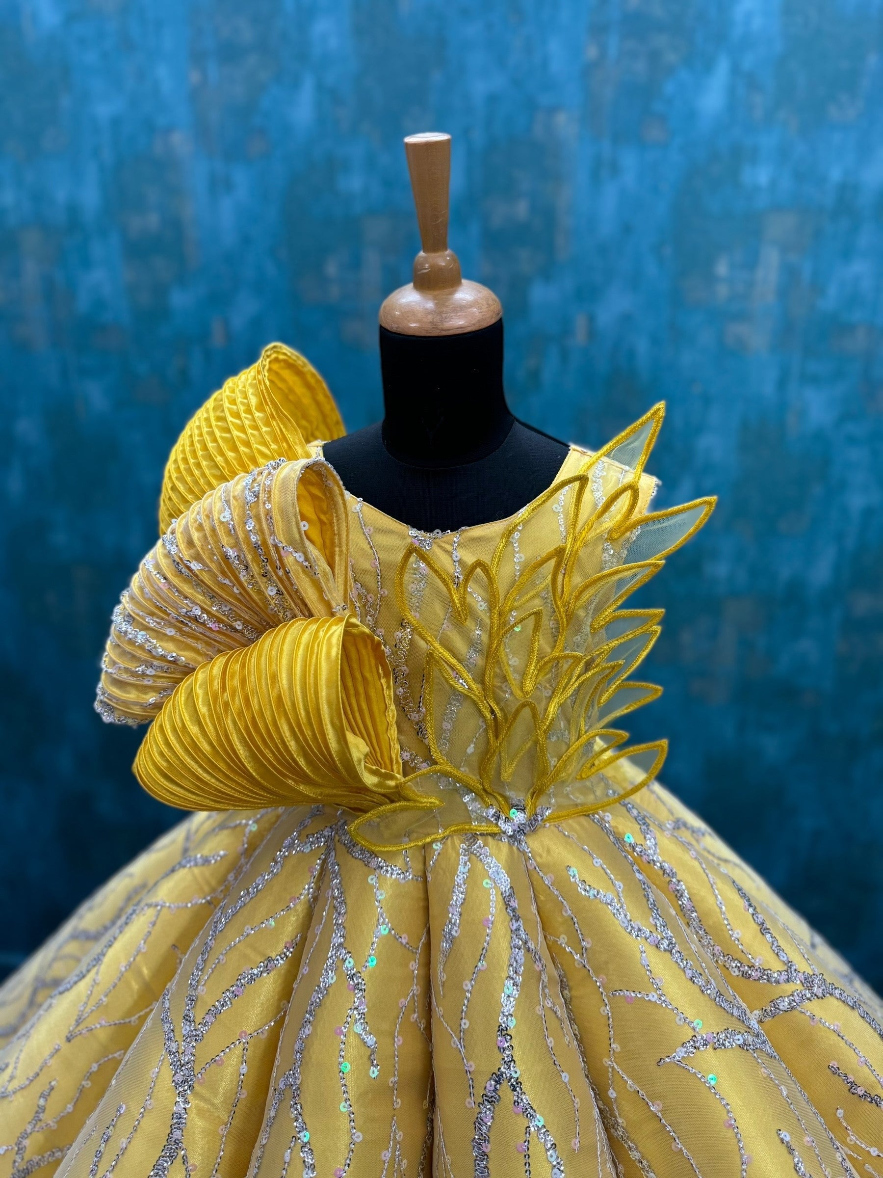 Yellow Structured Panel Ball Gown with Embossing Bows and Hand Embroidered Petals