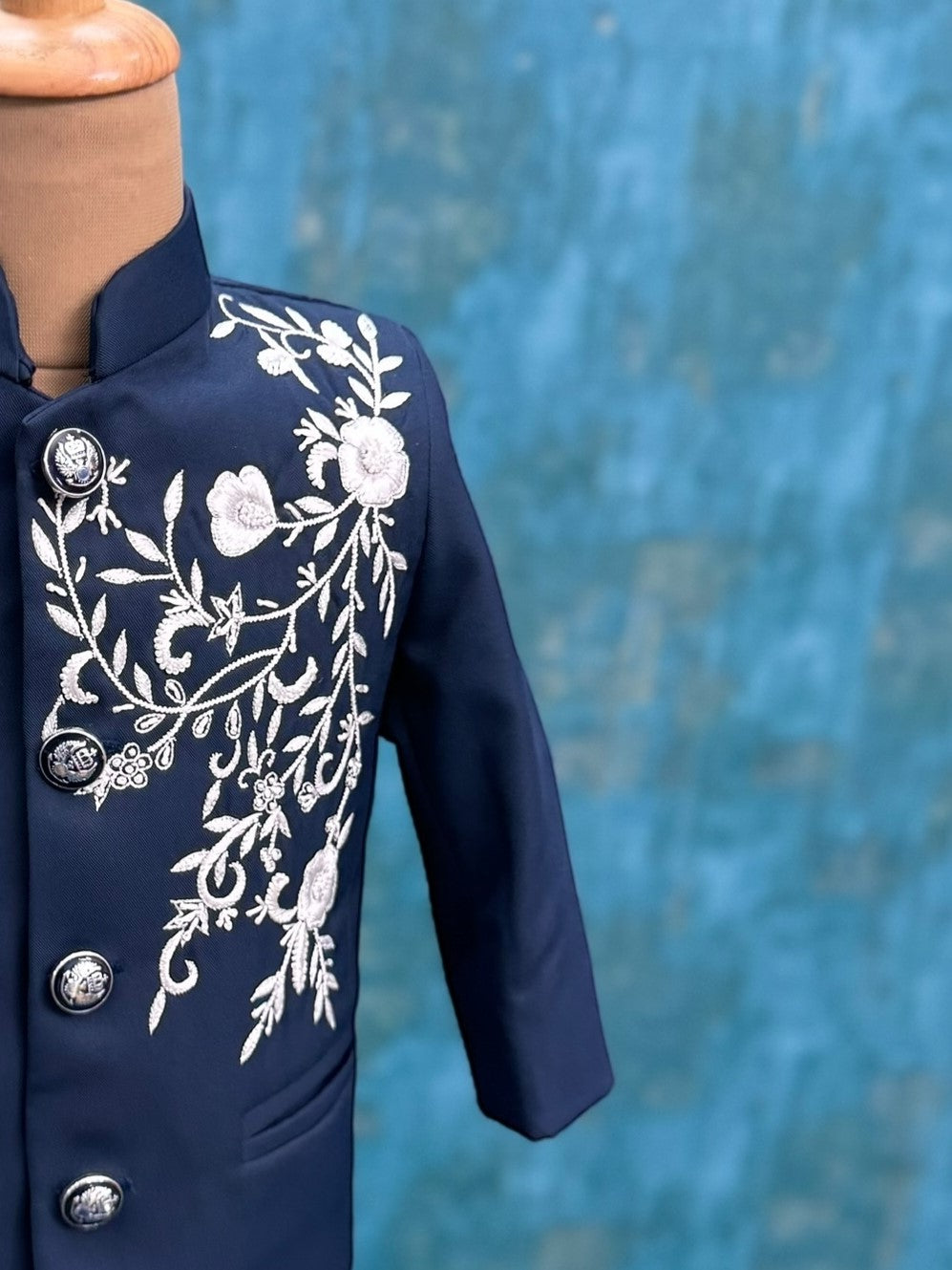 Midnight Blue Premium Fabric Silver Garden Embroidery Designer Prince Jacket