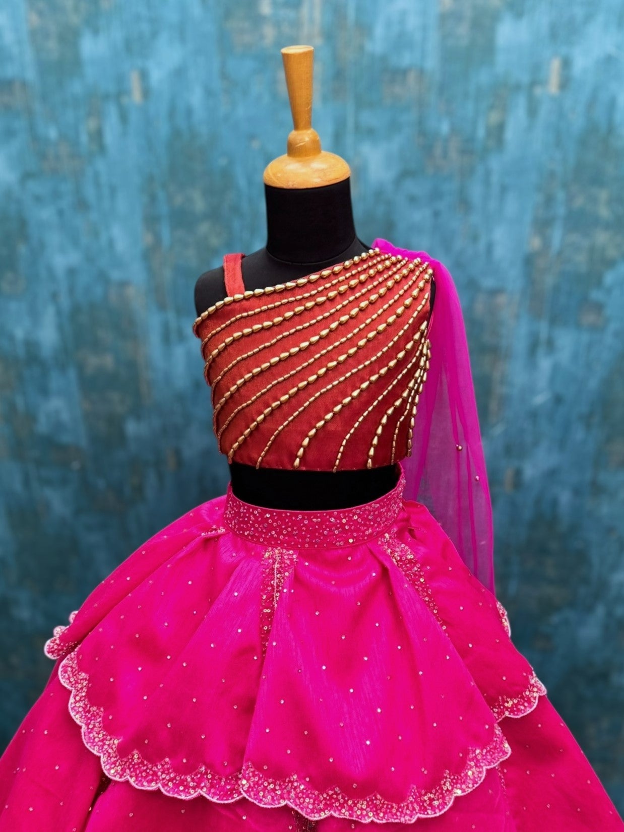 Rani Pink Royal Drape Princess Lehenga With Attached Dupatta