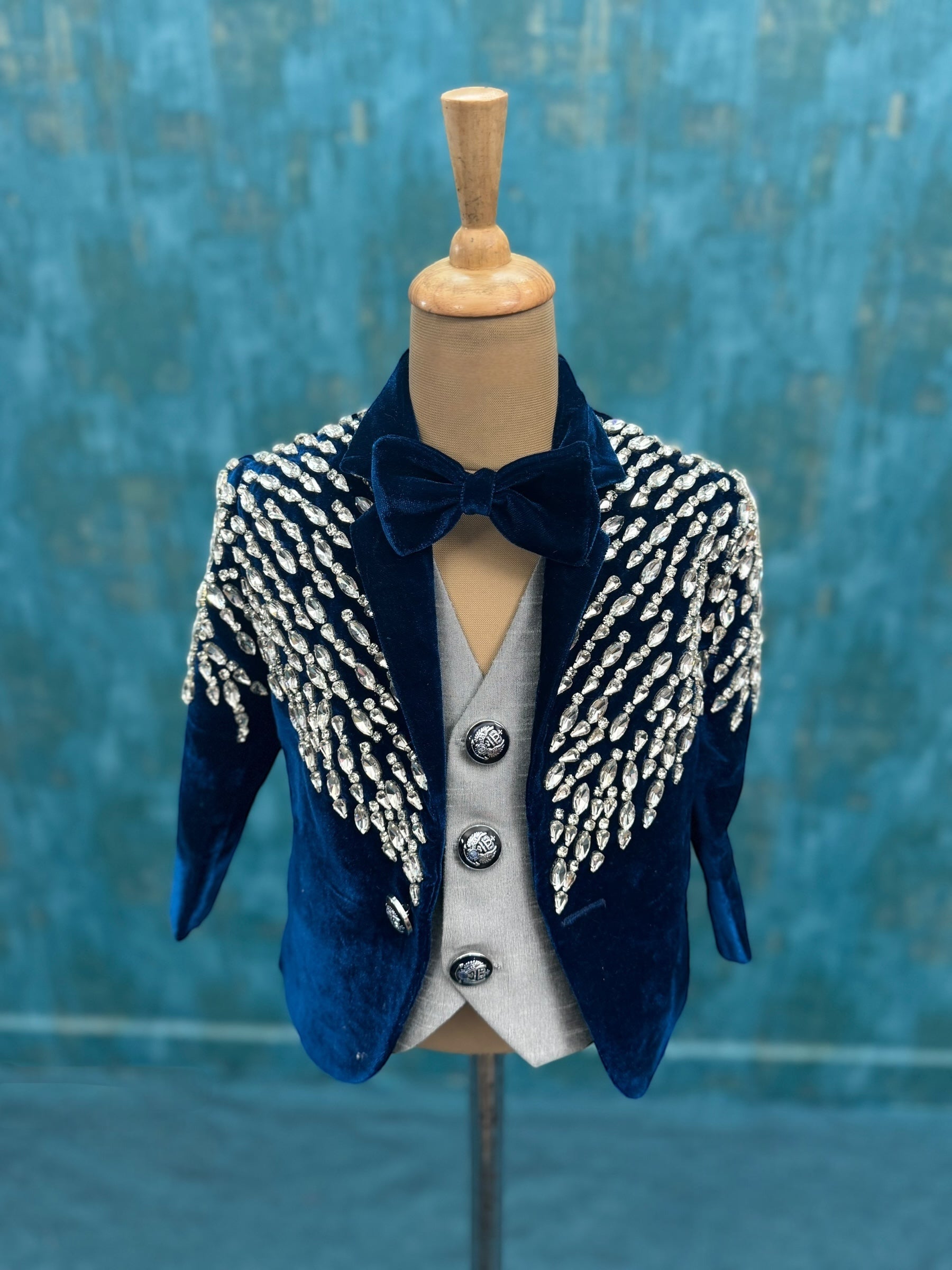 Deep Blue Velvet Crystal Cascade Designer Evening Blazer Suit