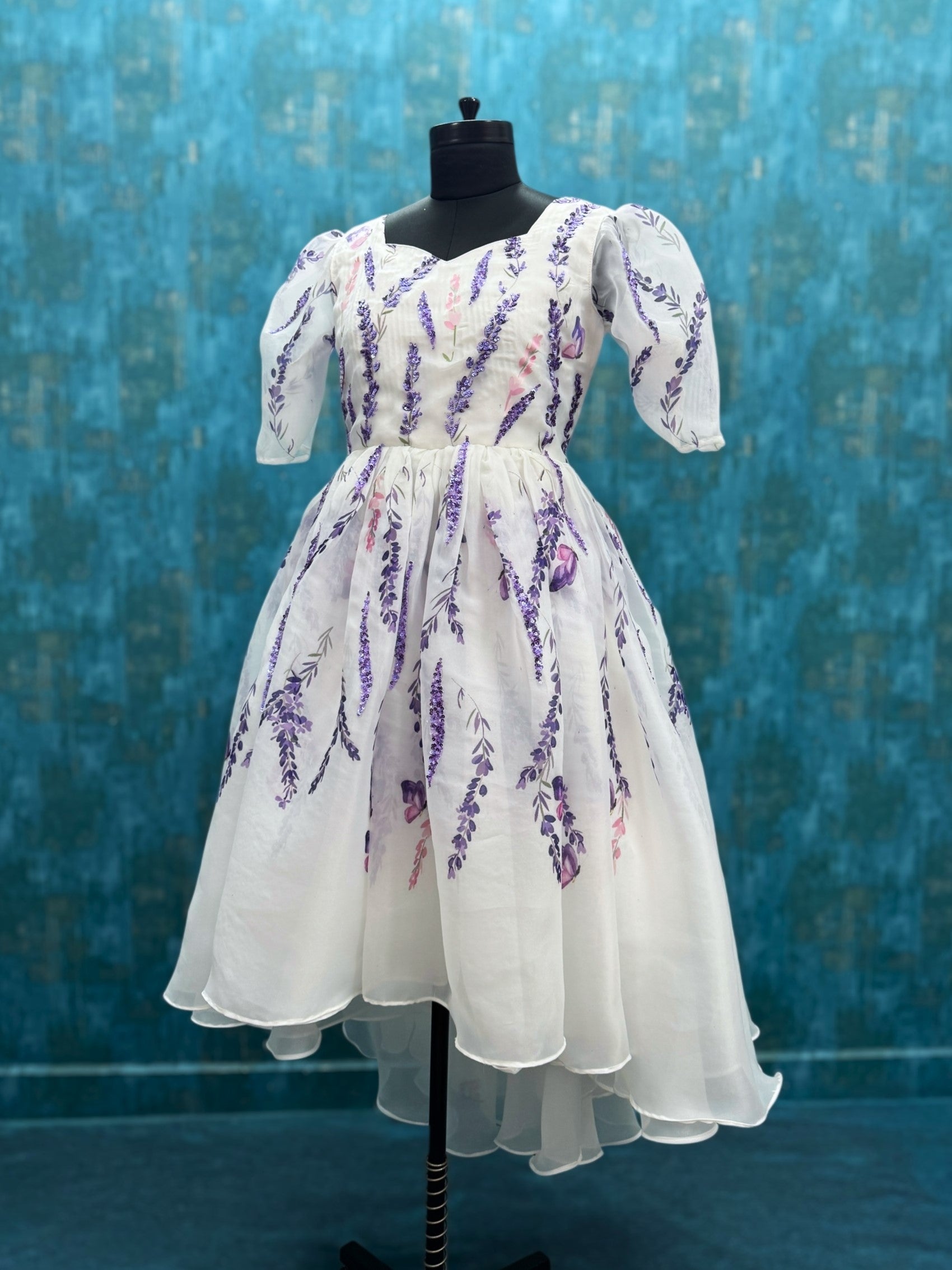 Lavender Meadow Symphony Soft Organza Puff-Sleeve Fairy-tale Queen Dress