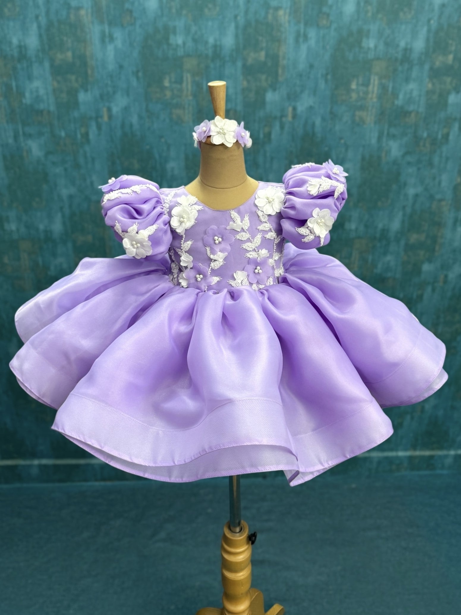 Lavender Fluffy Organza knee Length Gown 6-12M