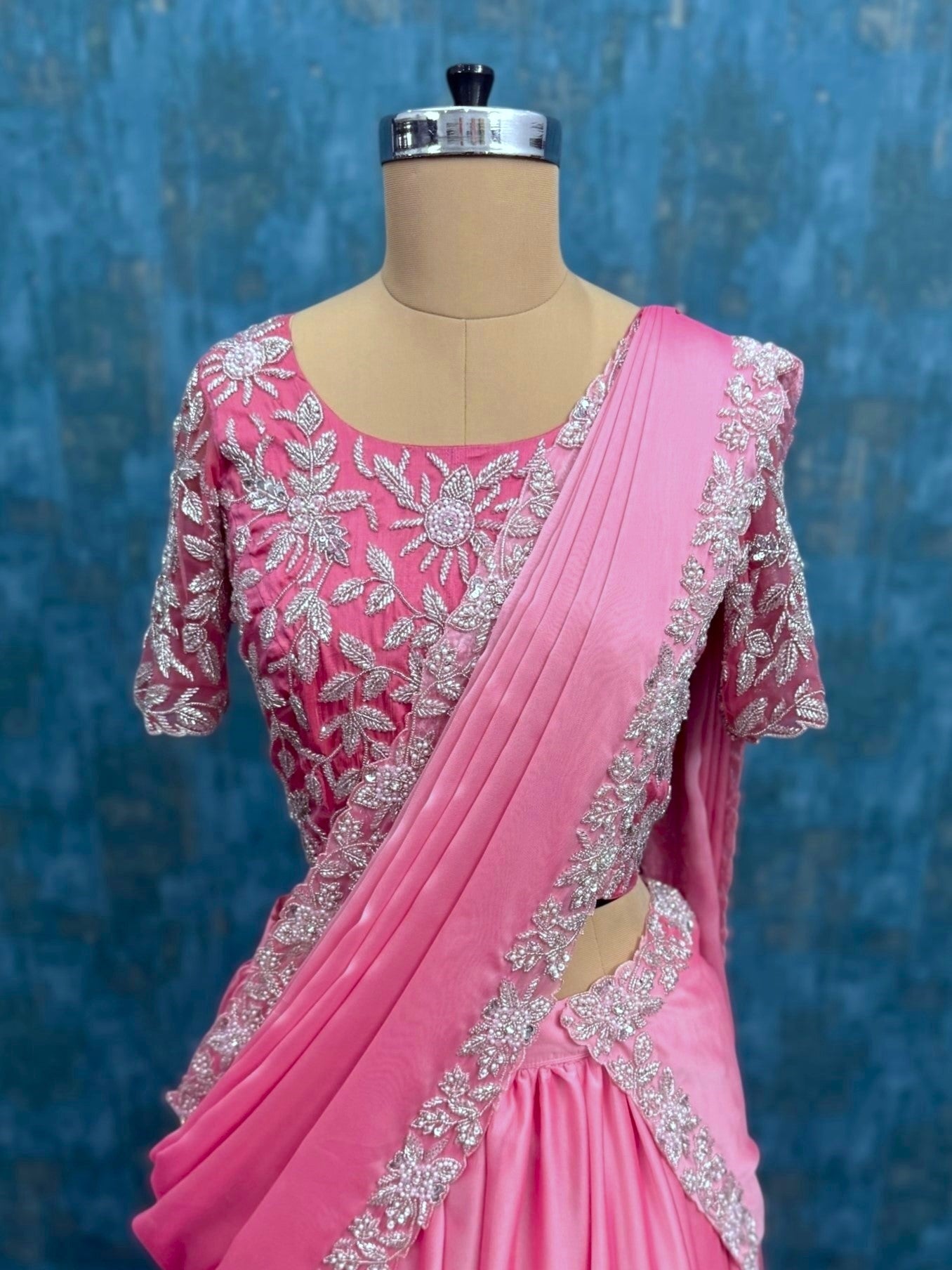 Petal Pink Silver Vine Hand-Worked Saree-Style Lehenga Couture with Soft Layered Flowing Hem