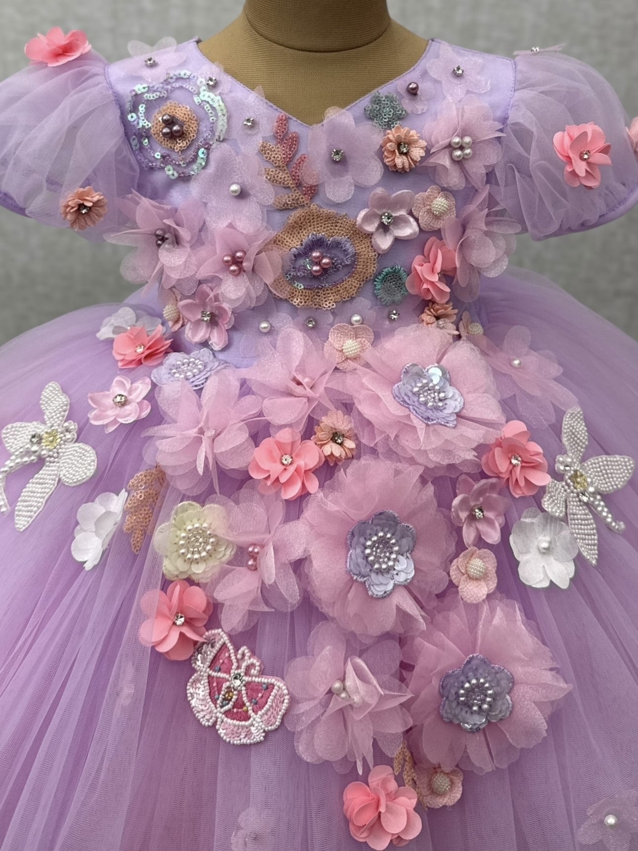 Soft Violet Rose Field 3D Floral Fantasy Princess Gown