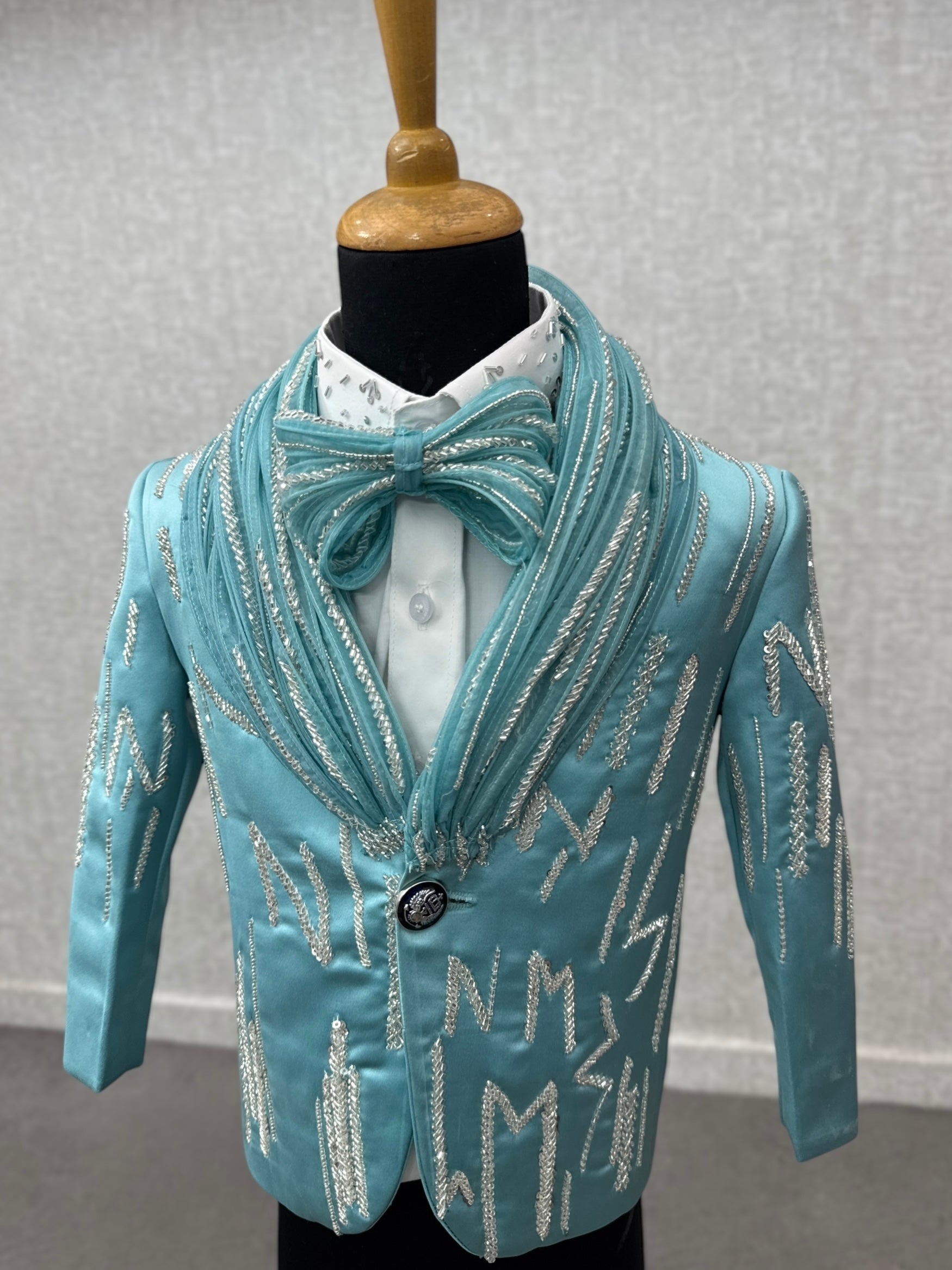 Turquoise Aqua Satin Silver Embroidered Regal Evening Blazer Set