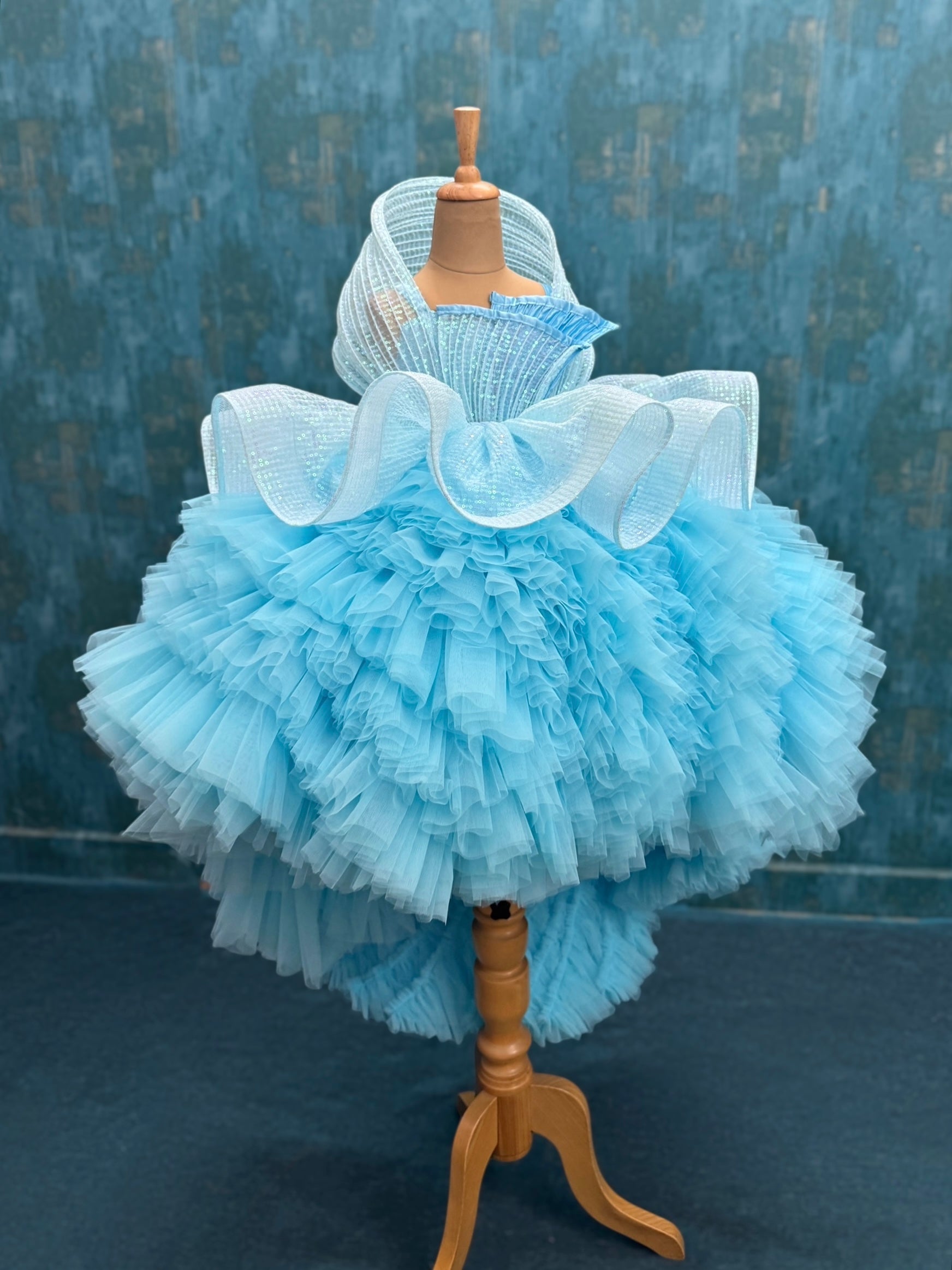Couture Dresses Online, Sky Blue Couture Ruffled Pageant Dress