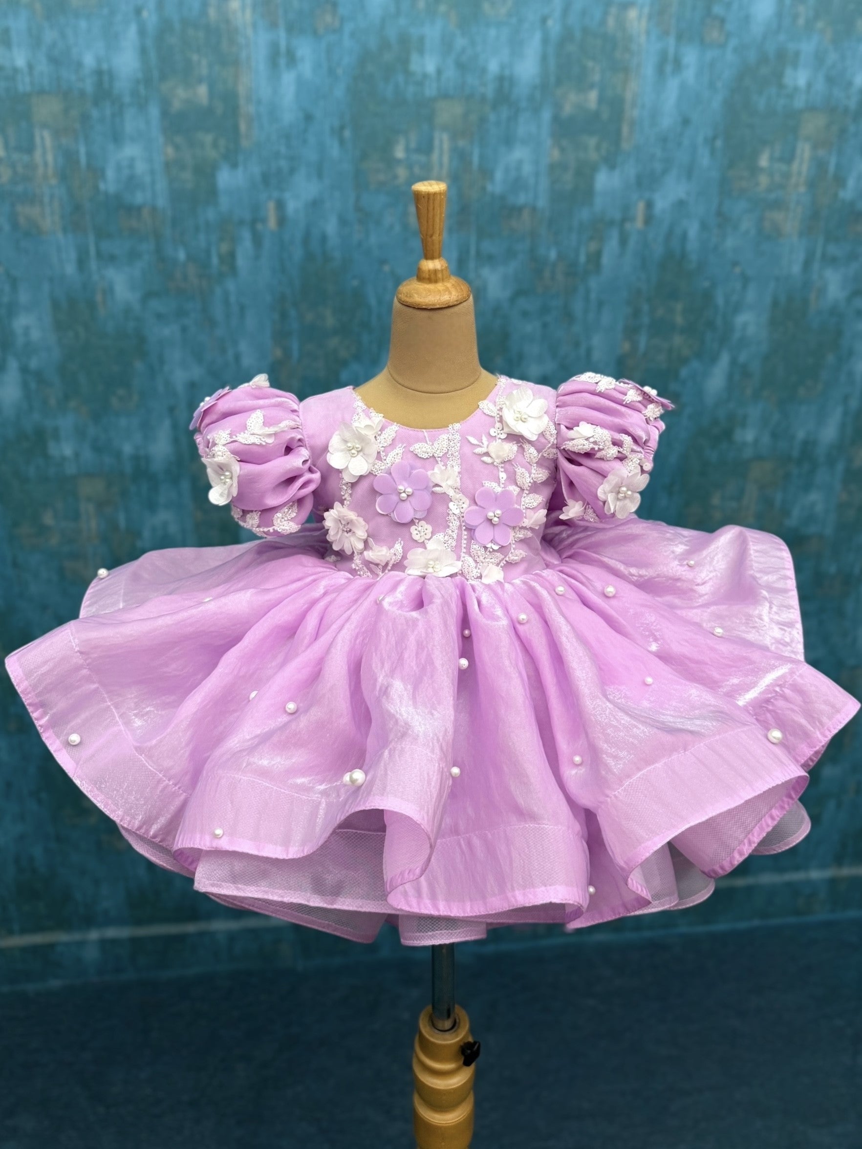 Floral Pink layer gown with puff sleeves