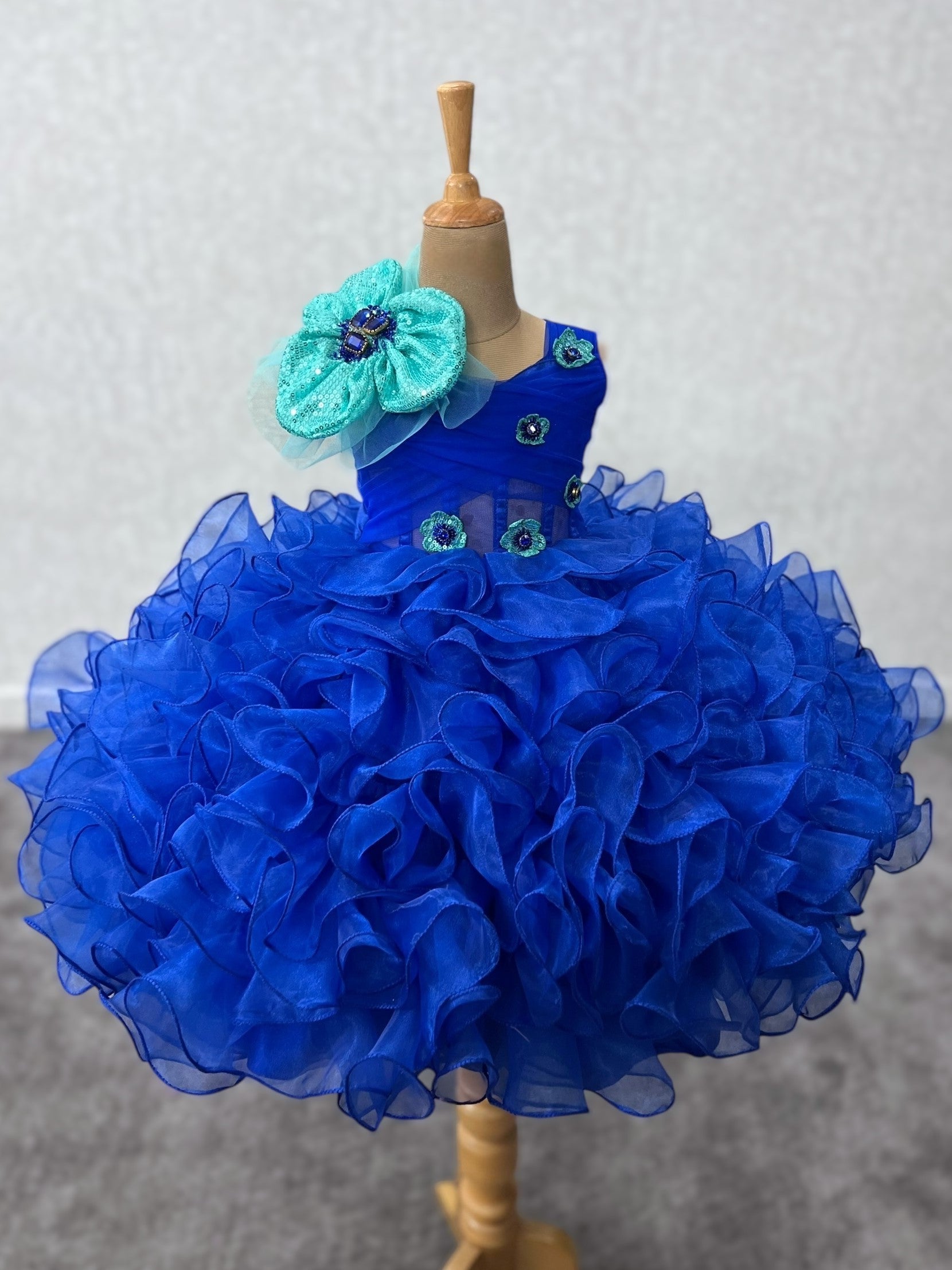 Royal Blue Ocean Whisper Crystal-Flower Couture Princess Dress