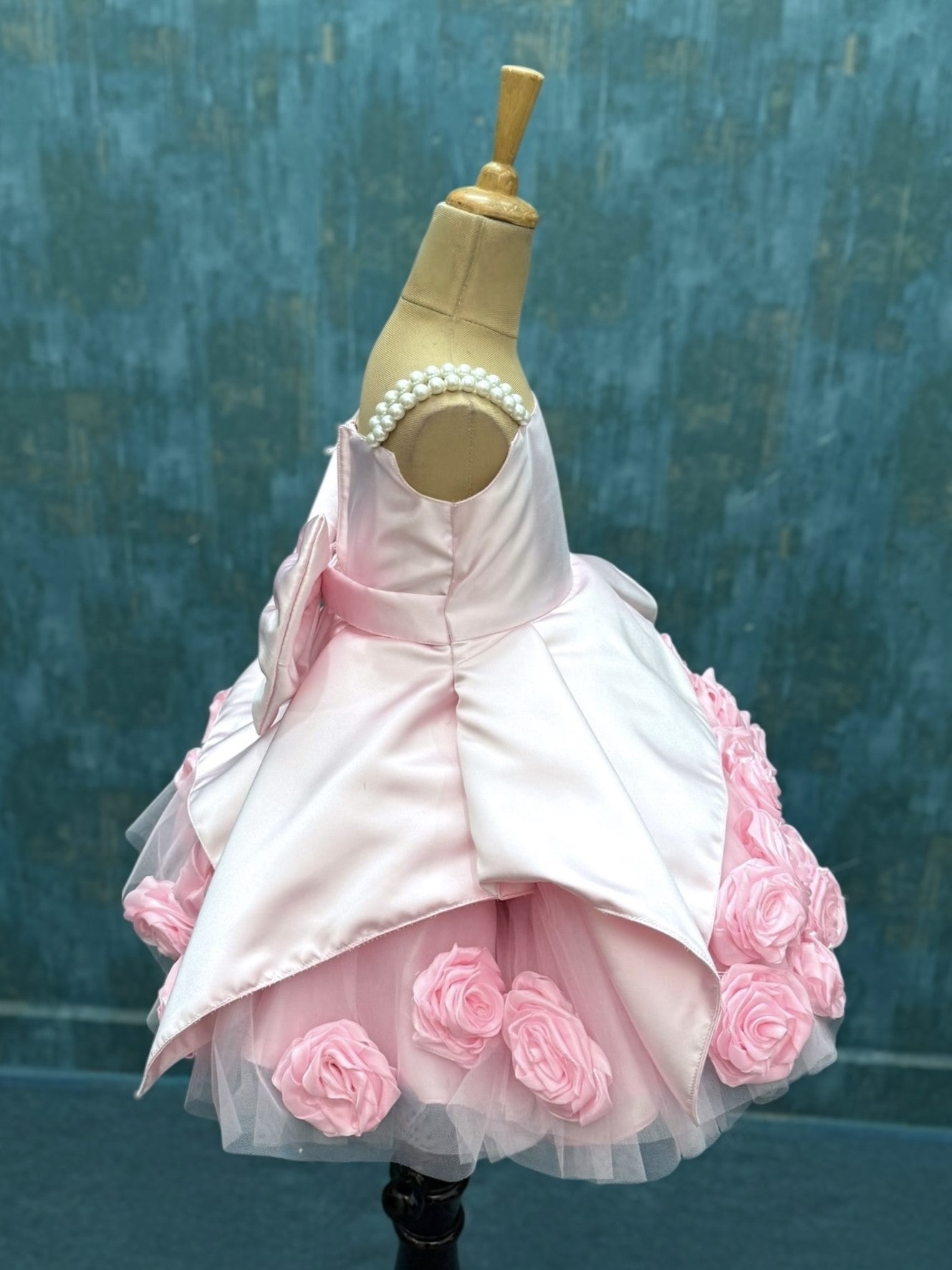 Princess-Style Pink Rose Embellished Special Occasion Dress with Double Pearl Shoulder Straps