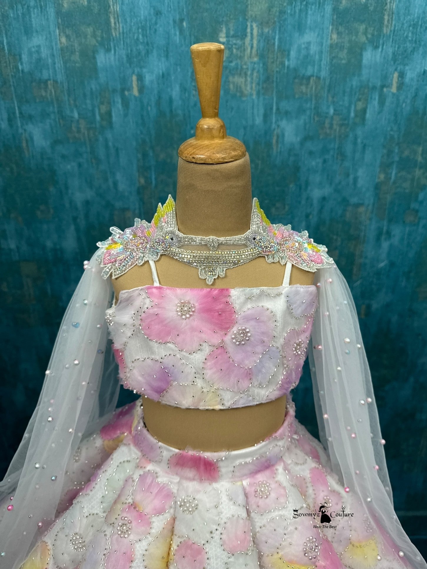 white and multicolour floral panel lehenga with hand work duppatta