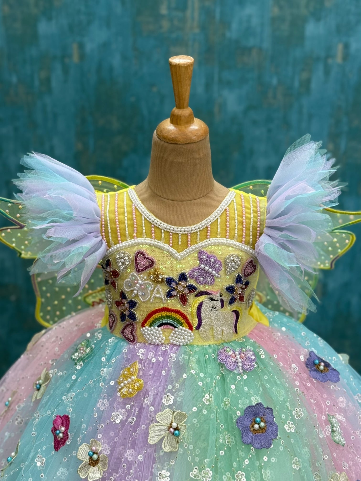 Rainbow Butterfly Sequin Ball gown with characters
