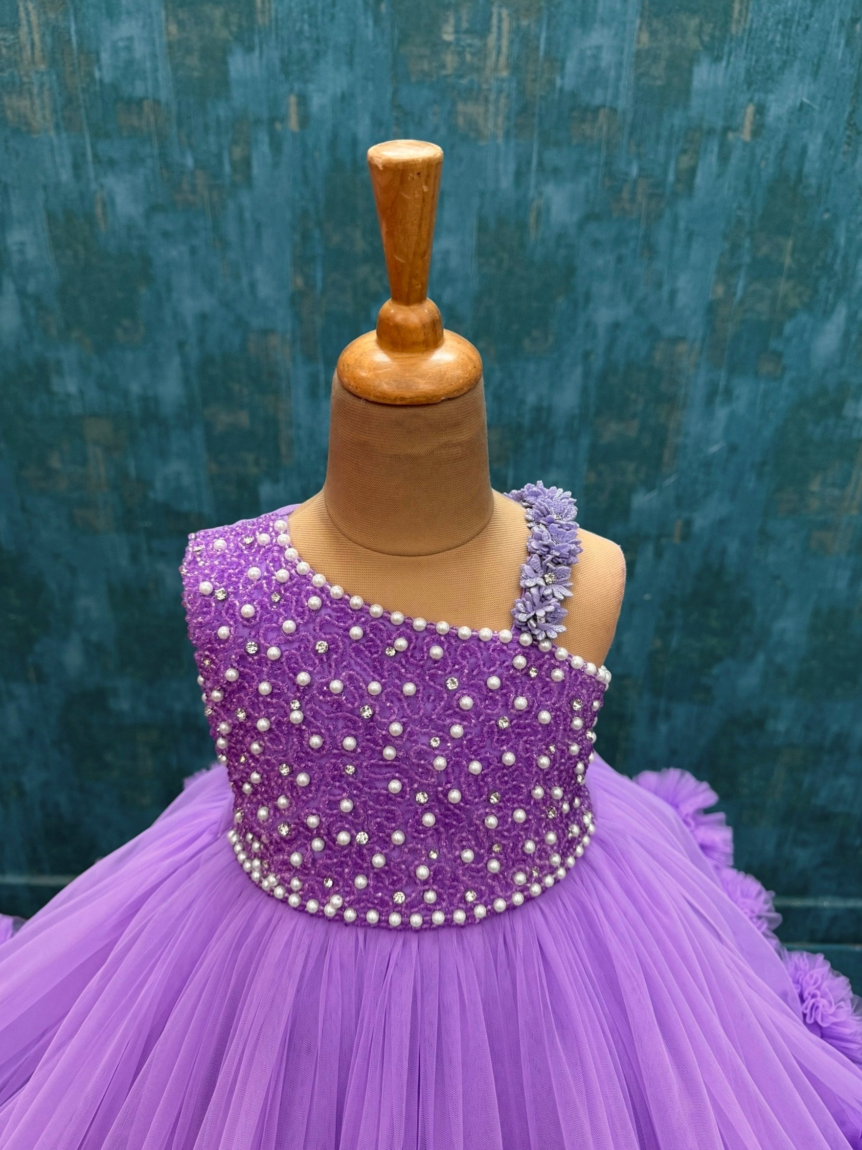 Pearl and crystal handcrafted Lavender Ruffle Princess Gown