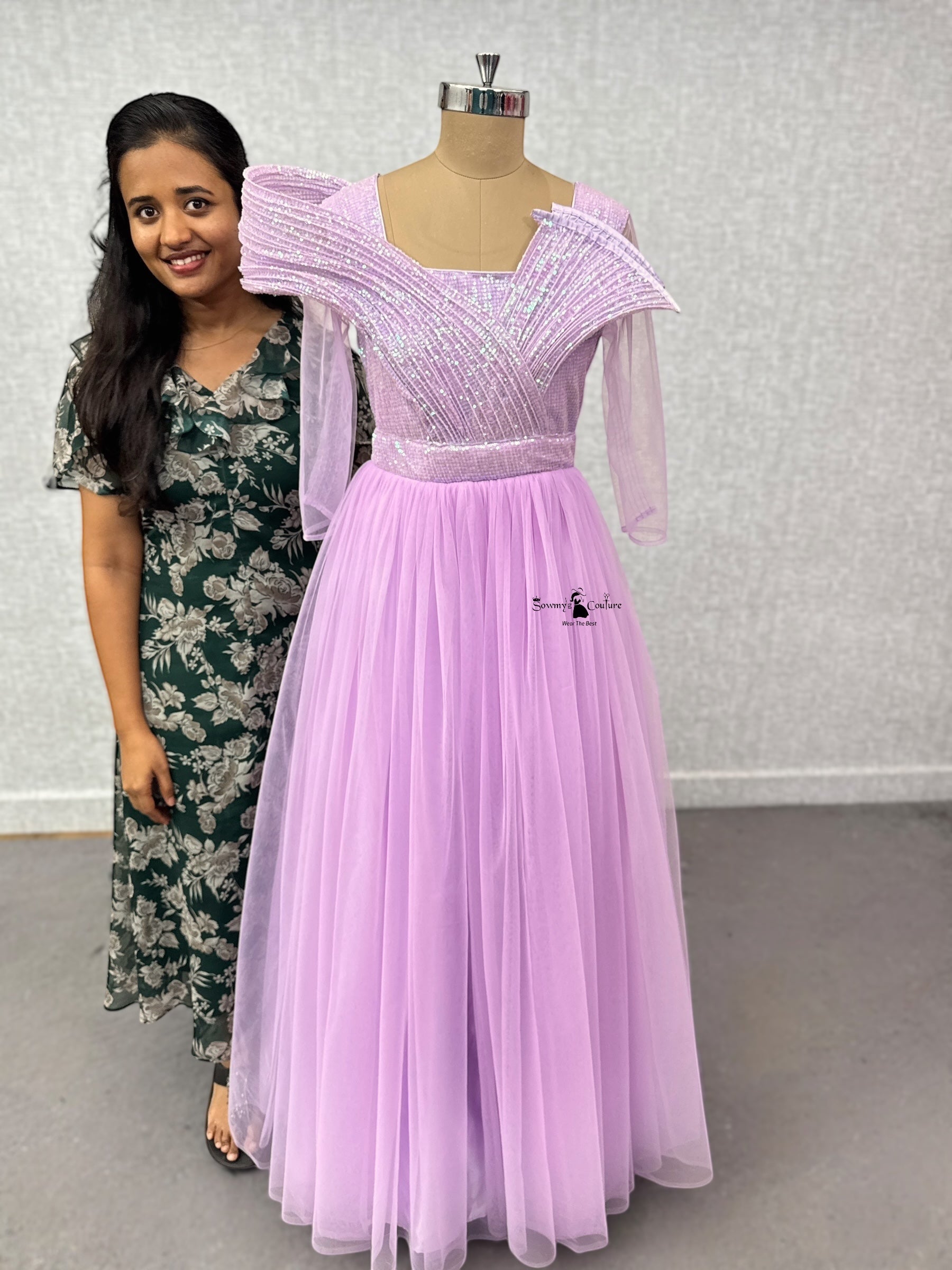 Lavender Structured top tulle gown with transparent sleeves