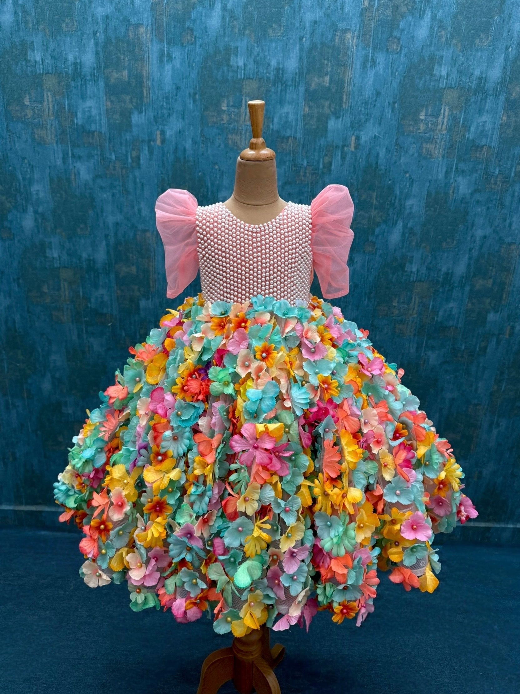 Multi colour 3D Floral Ball gown with Hand embroidered Pearl Work