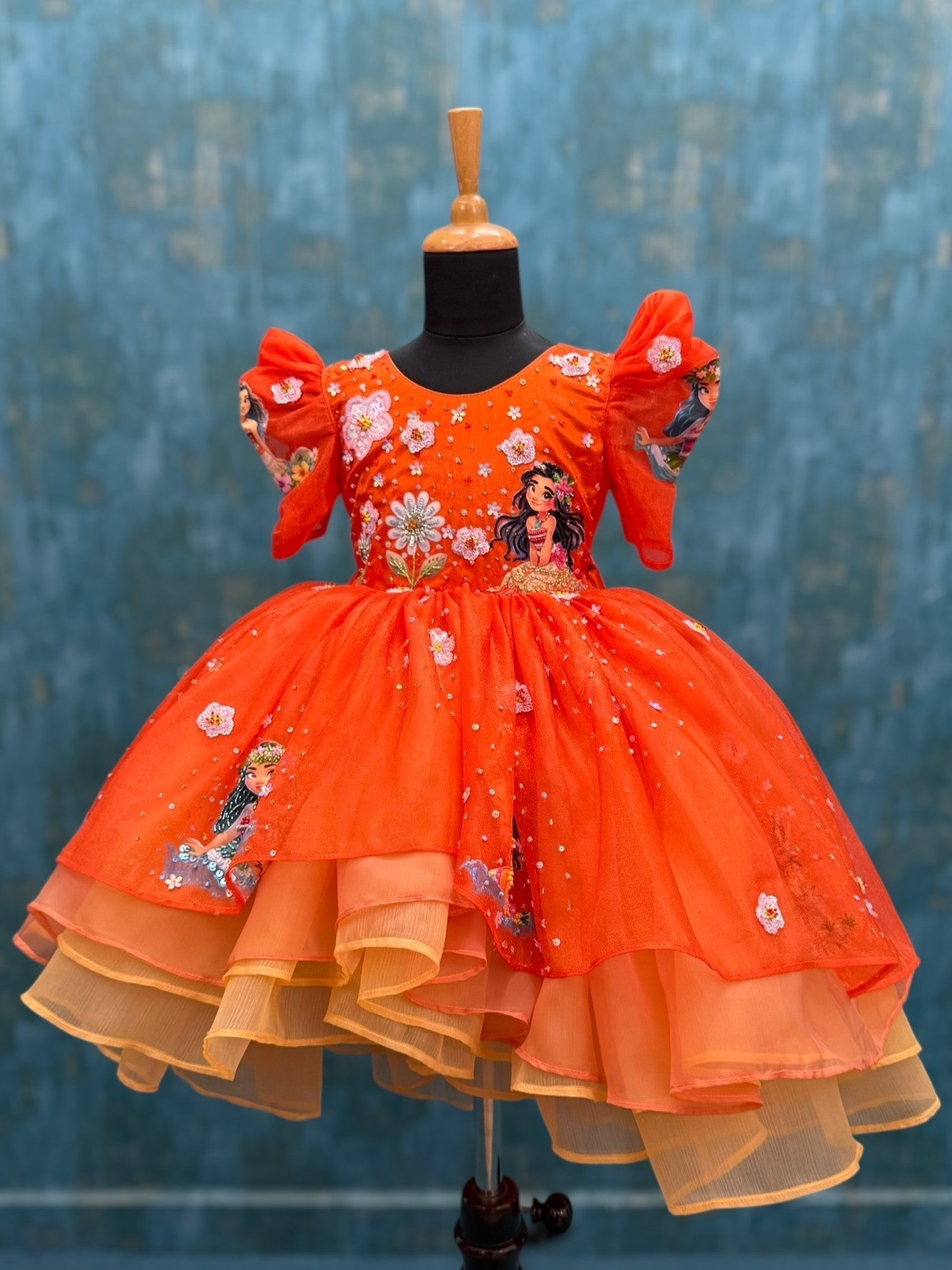 Orange Ombre High Low Gown With Moana Character