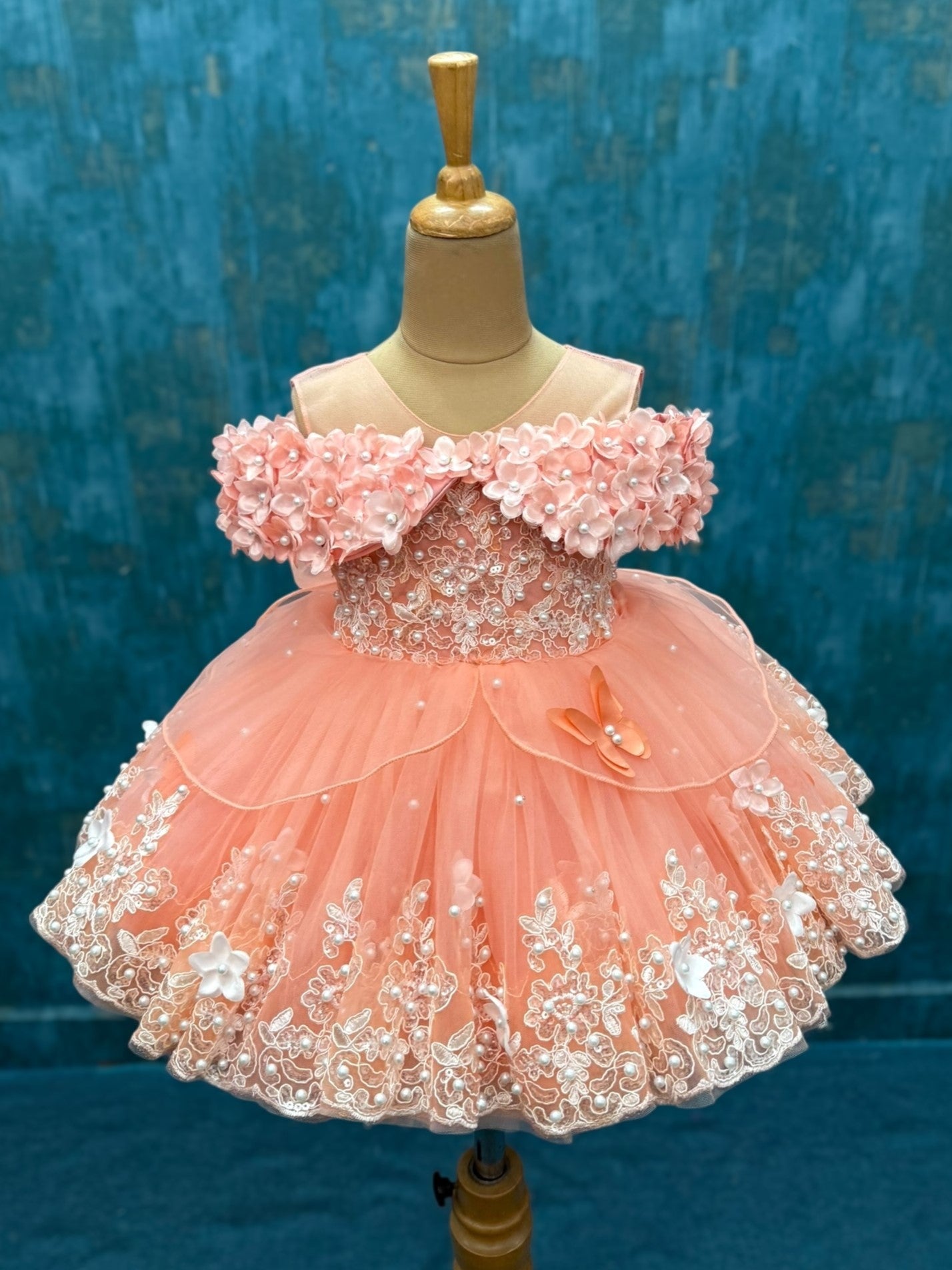 Dreamy peach Lace And Pearl Ball Gown