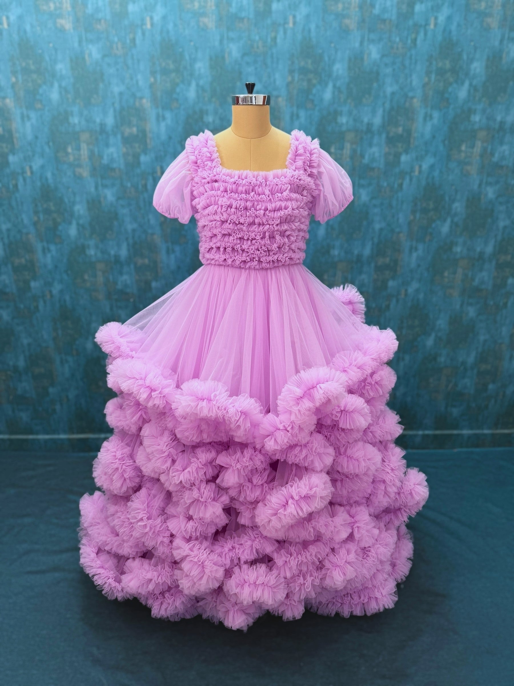 Lilac Ruffle Ball gown with Puffed Sleeves