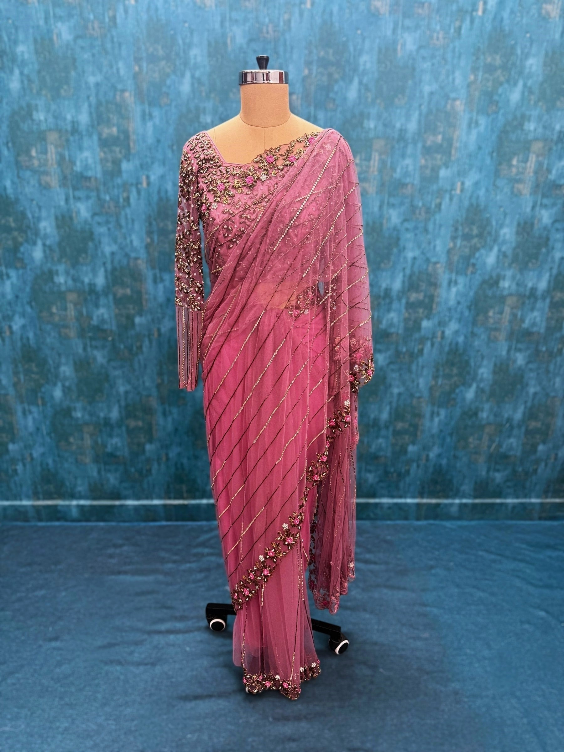 Plum pink Hand work Saree with Stitched blouse