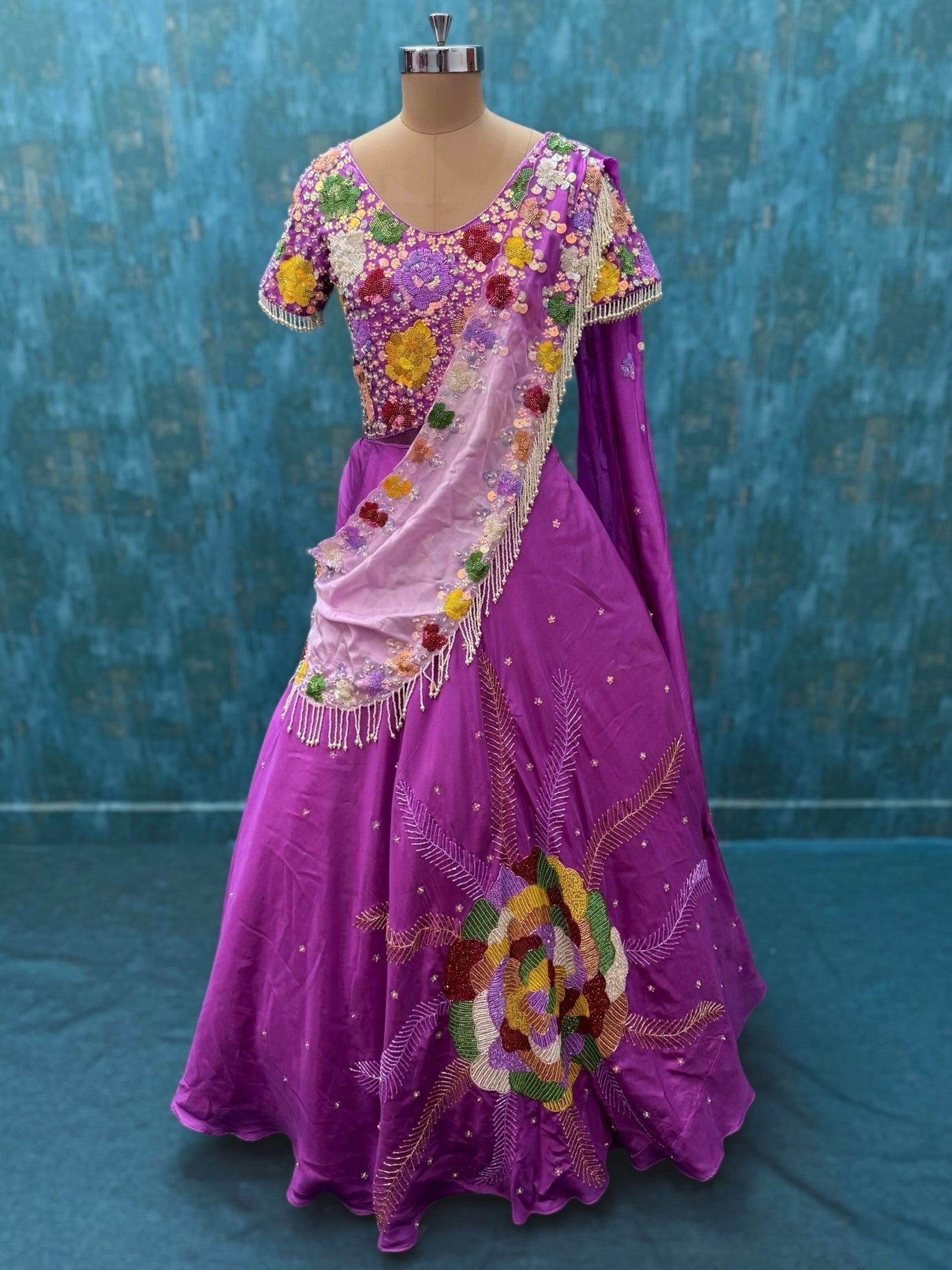 Multi colour Hand embroidered Saree gown with Attached Duppatta