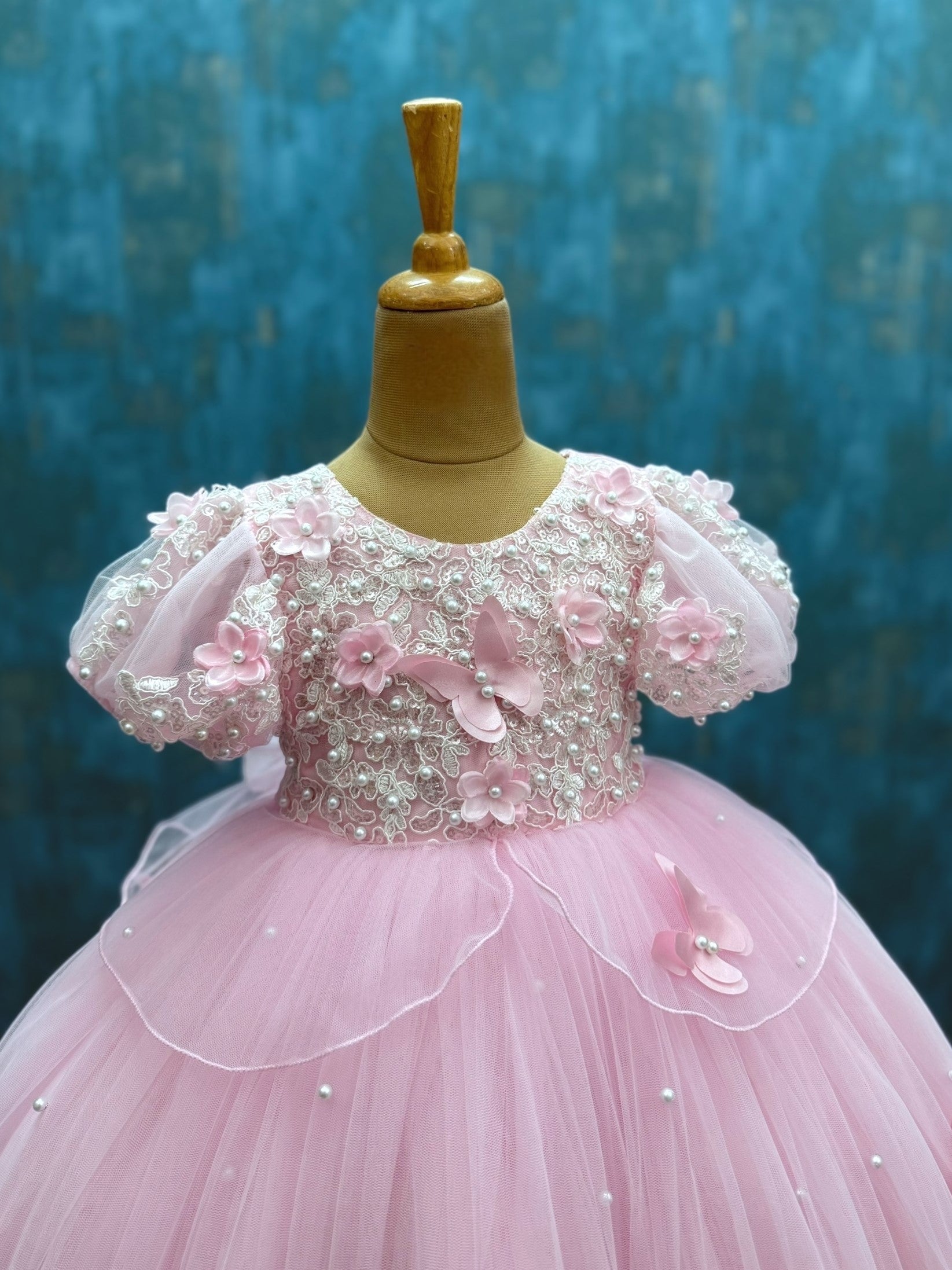 lace and pearl butterfly pink ball gown with puff sleeves