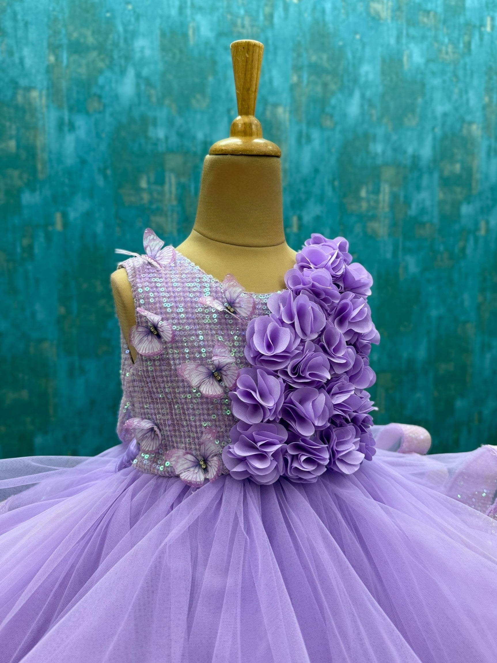 Lavender Butterfly sequence ruffle ball Gown with embossing flowers