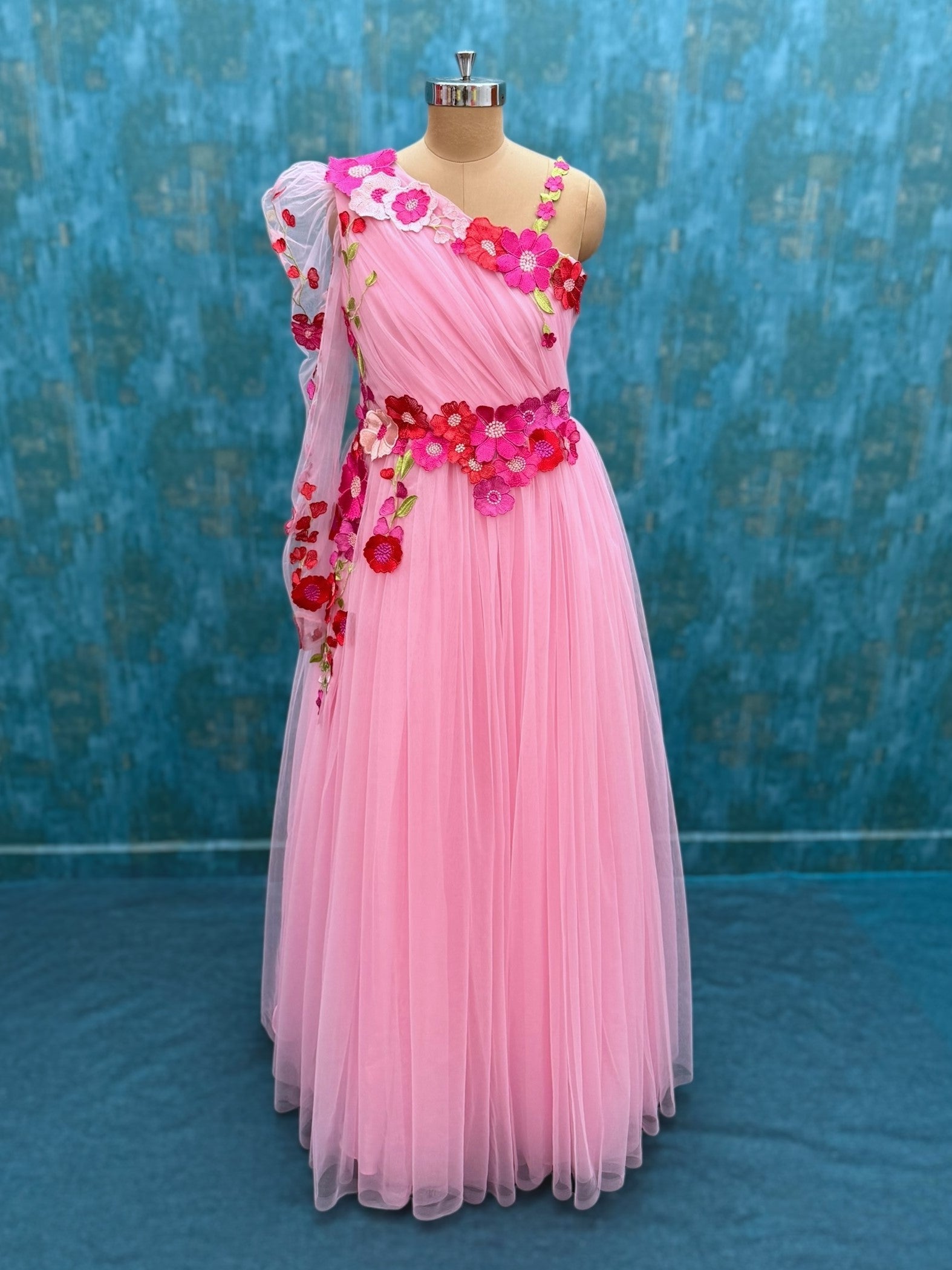 Floral One Shoulder Draped Gown with One side Puff sleeves