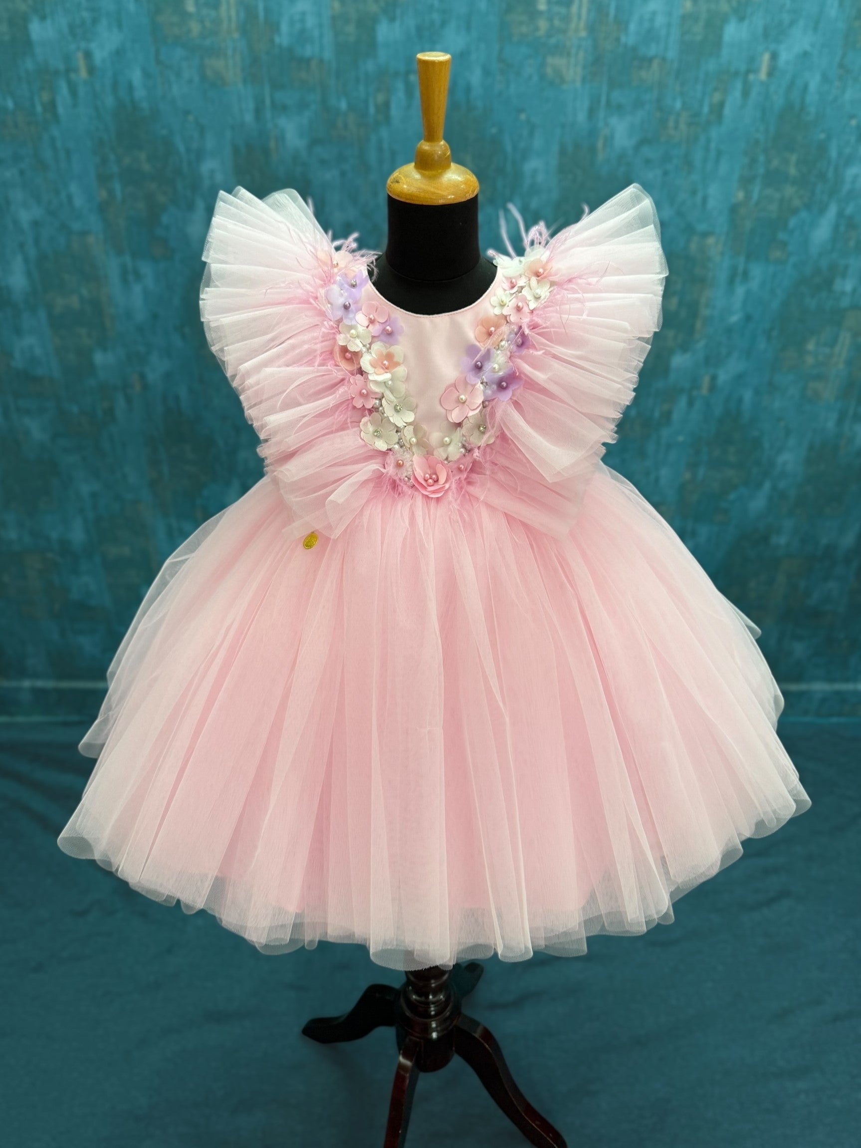 Soft Bloom pink floral gown with ruffle bodice sleeves