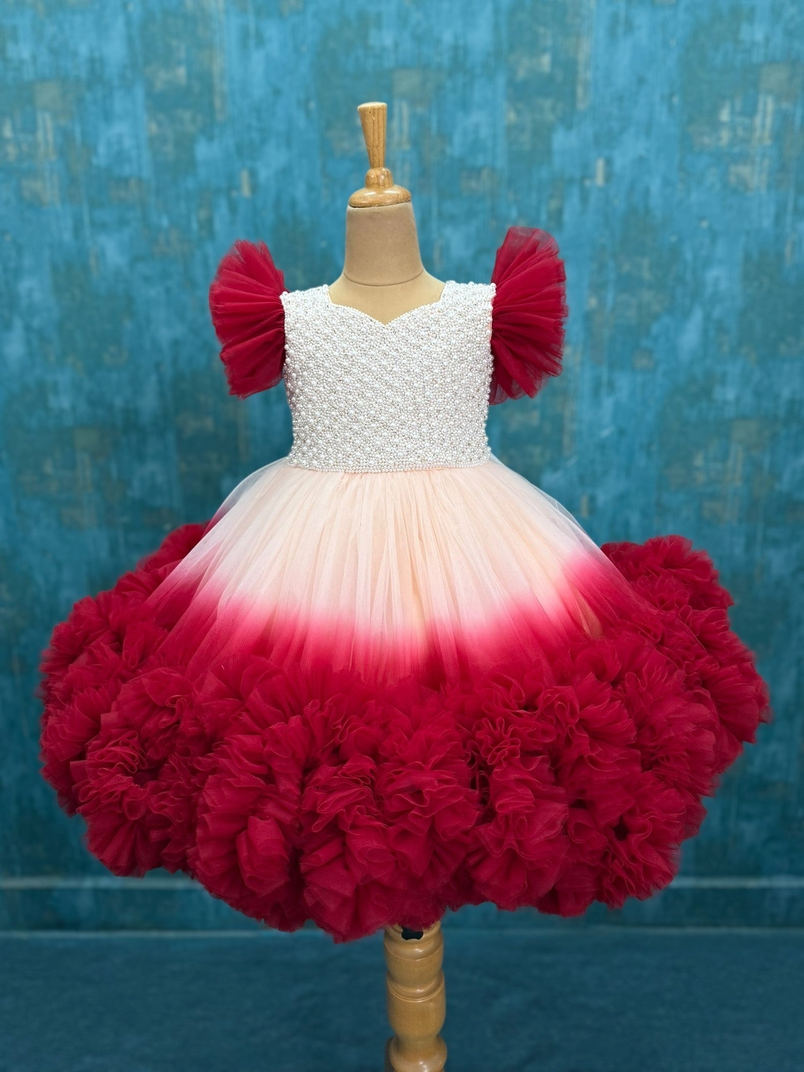 PEACH AND MAROON 3D RUFFLE DRESS WITH PEARL INTRICATE WORK