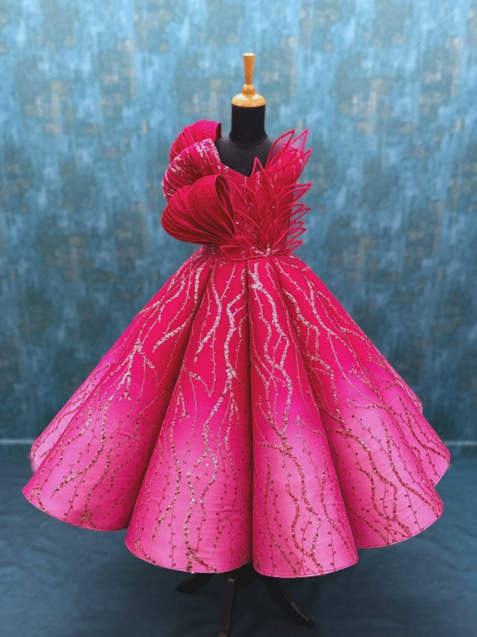 pink ombre Structured Panel Ball Gown with Embossing Bows and Hand Embroidered Petals