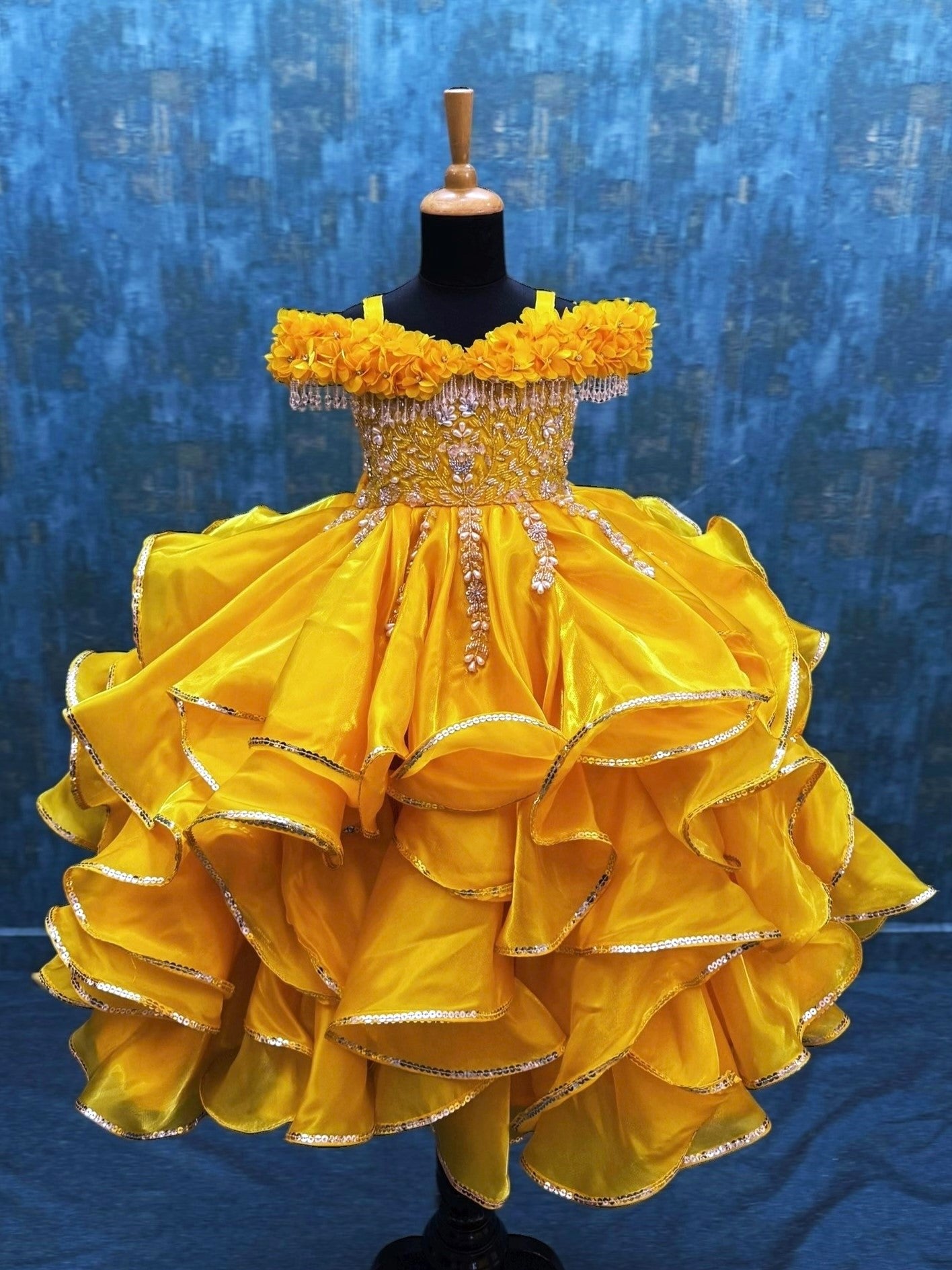 golden yellow Layer Jimmychu Sequence Ball Gown with intricate hand work